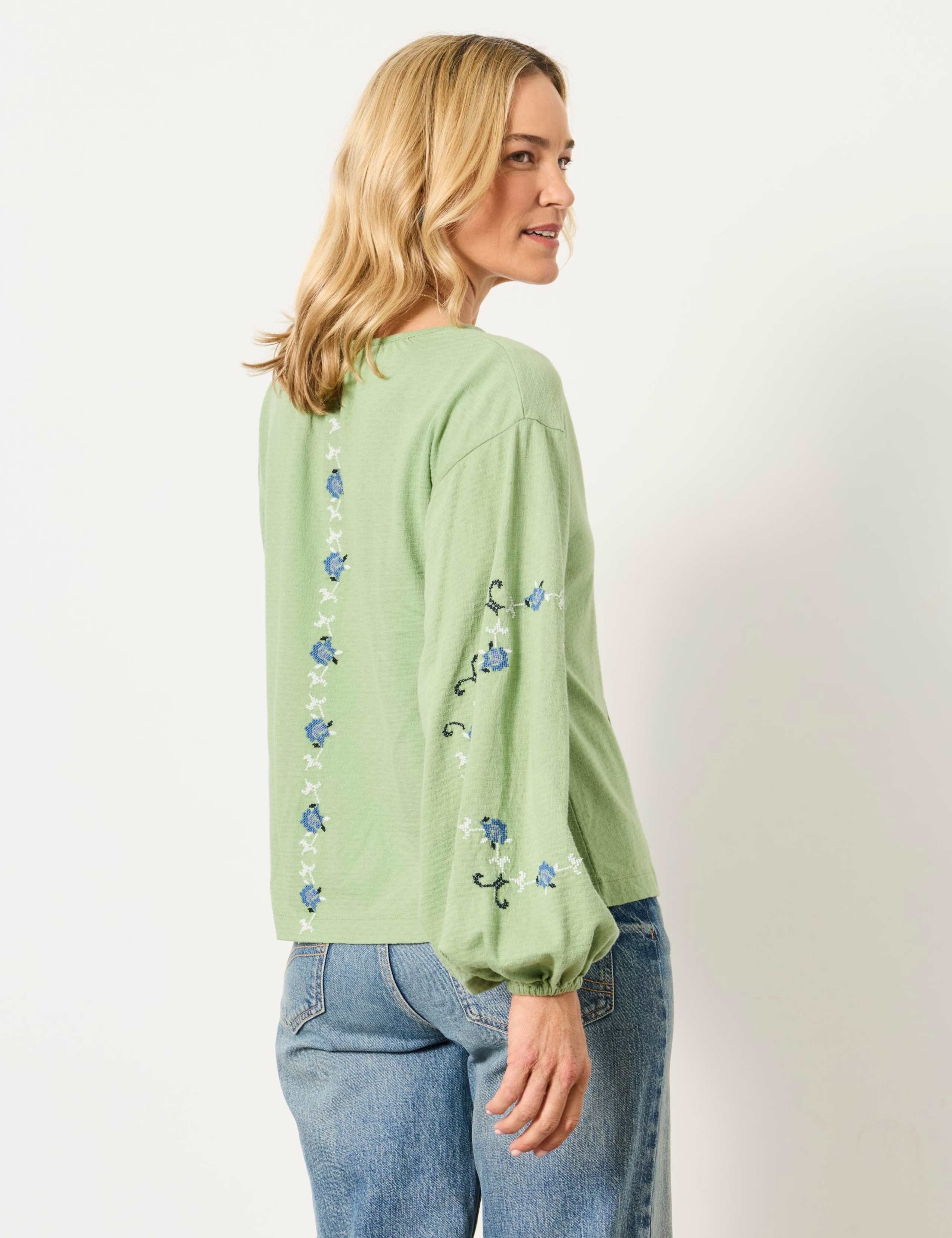 Pure Cotton Embroidered Tie Neck Blouse 3 of 6