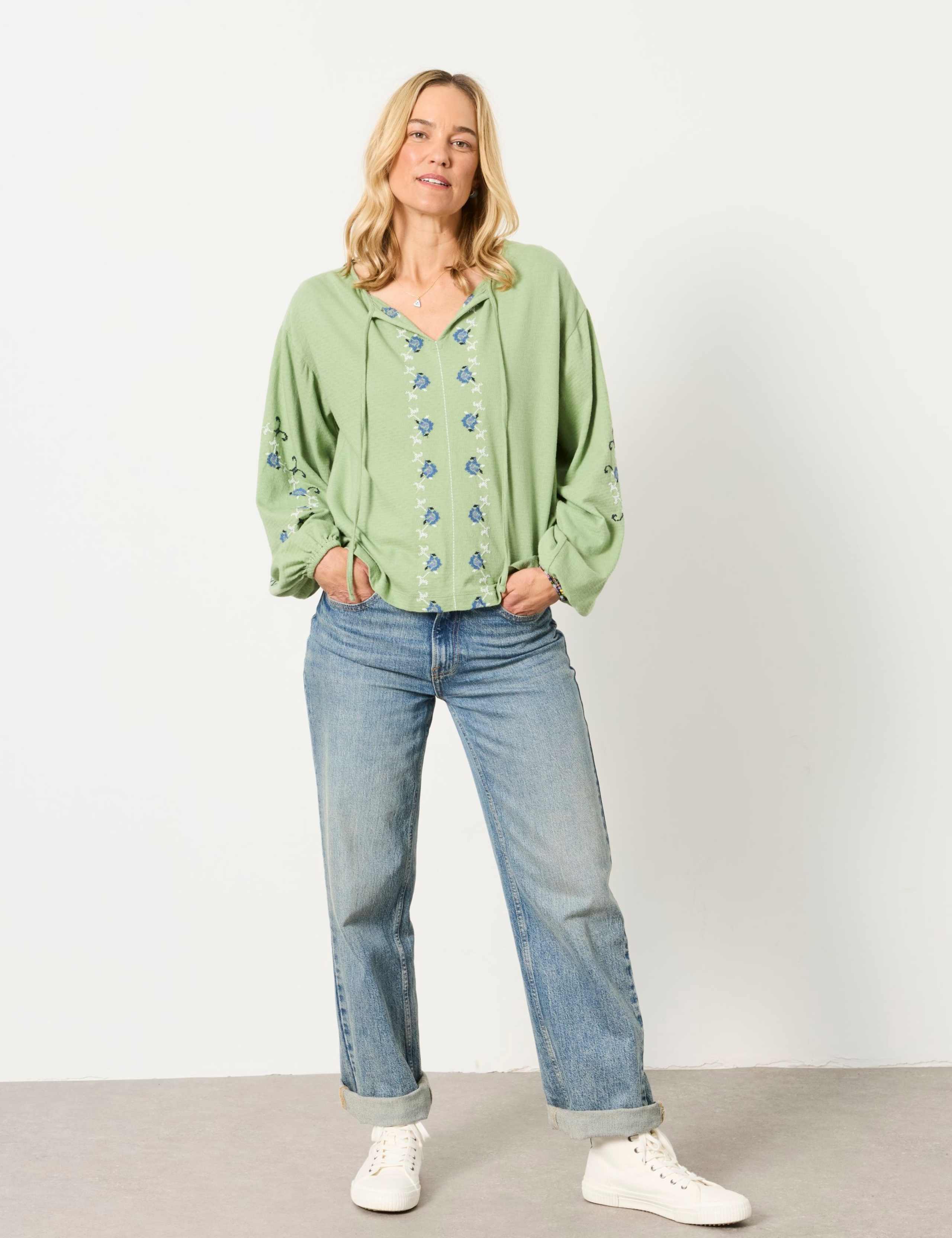 Pure Cotton Embroidered Tie Neck Blouse 4 of 6