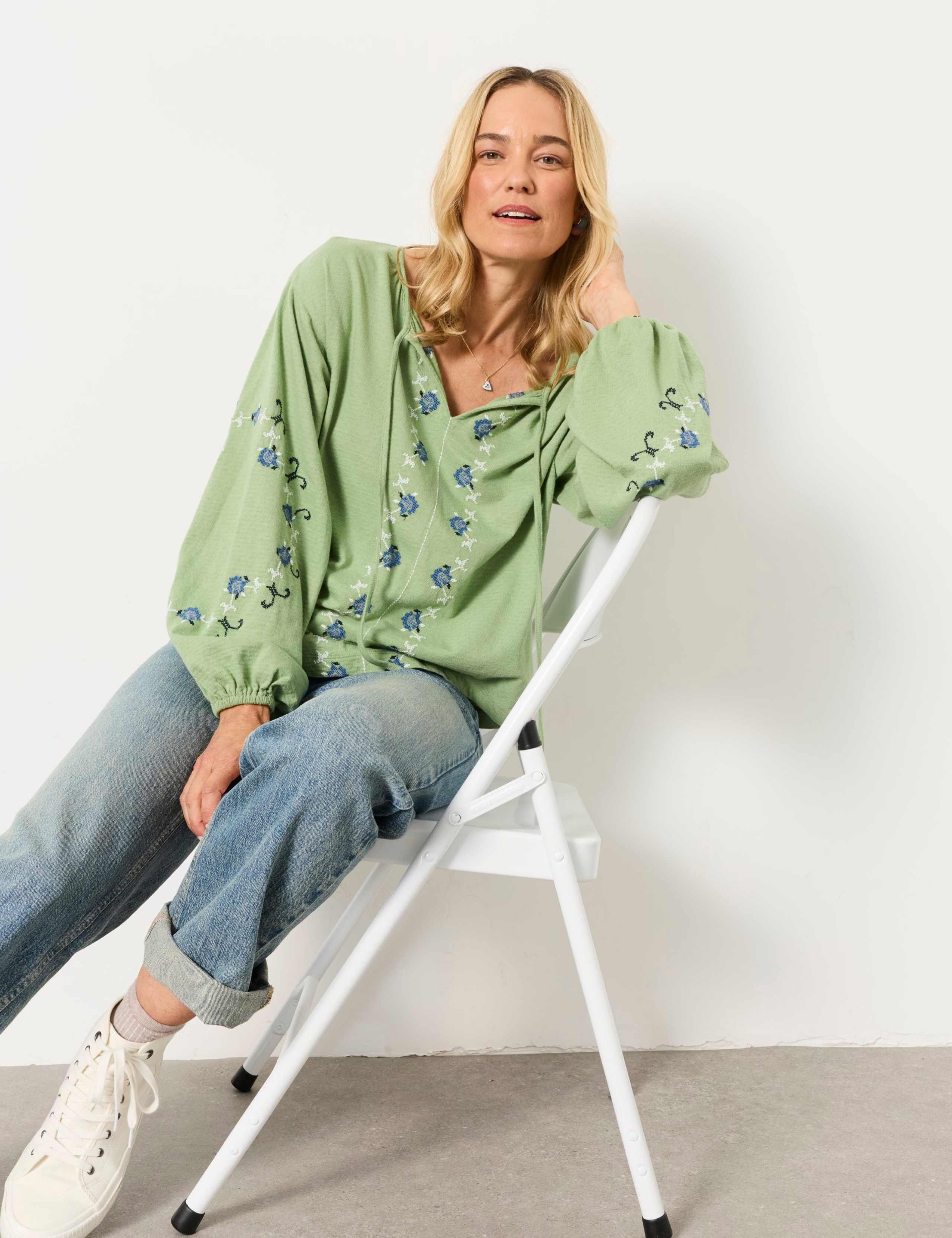 Pure Cotton Embroidered Tie Neck Blouse 5 of 6