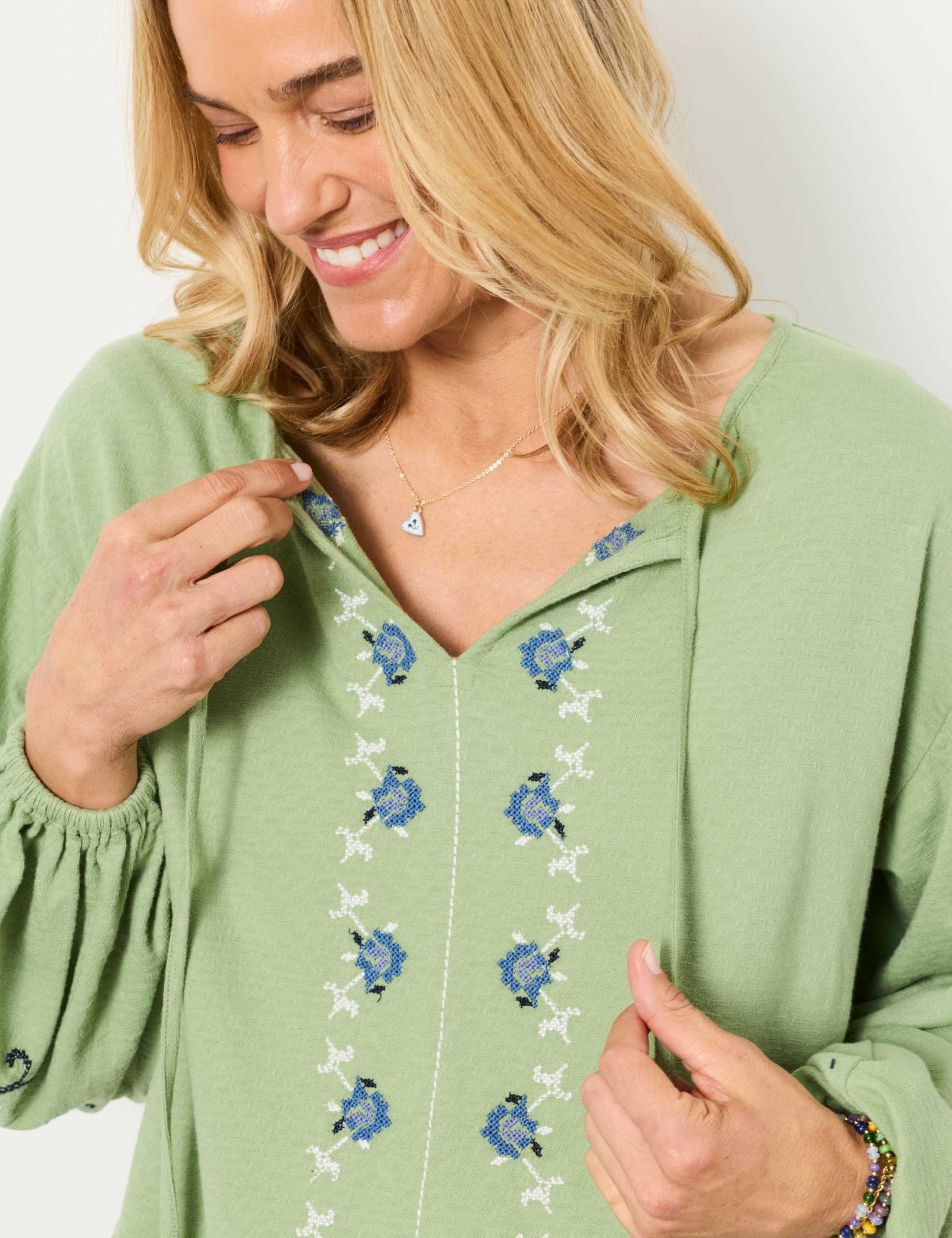 Pure Cotton Embroidered Tie Neck Blouse 6 of 6