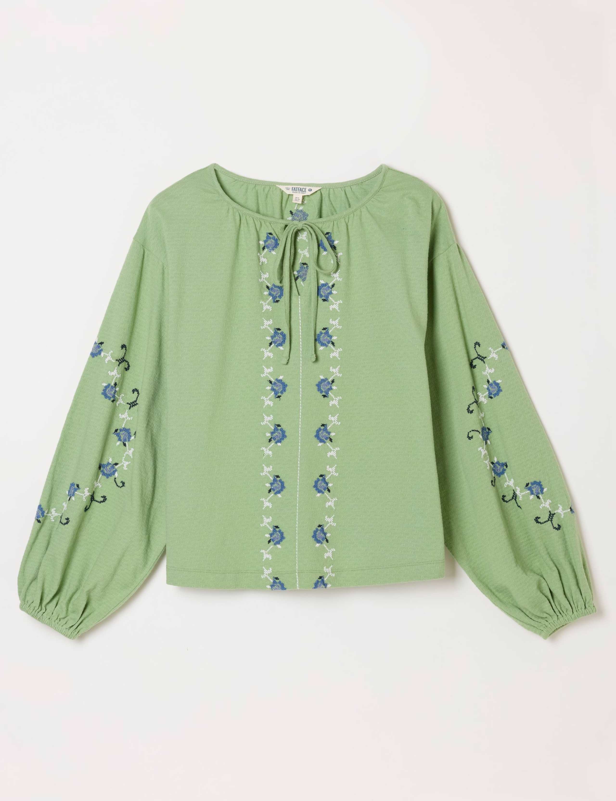 Pure Cotton Embroidered Tie Neck Blouse 2 of 6