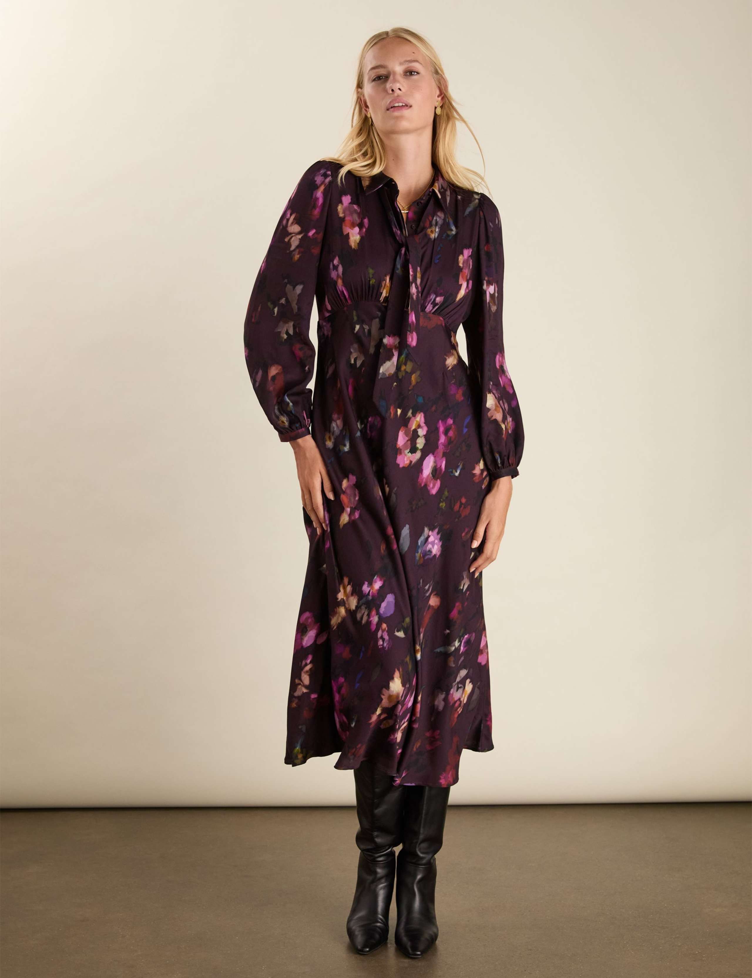 Satin Floral Tie Neck Midi Skater Dress 3 of 6