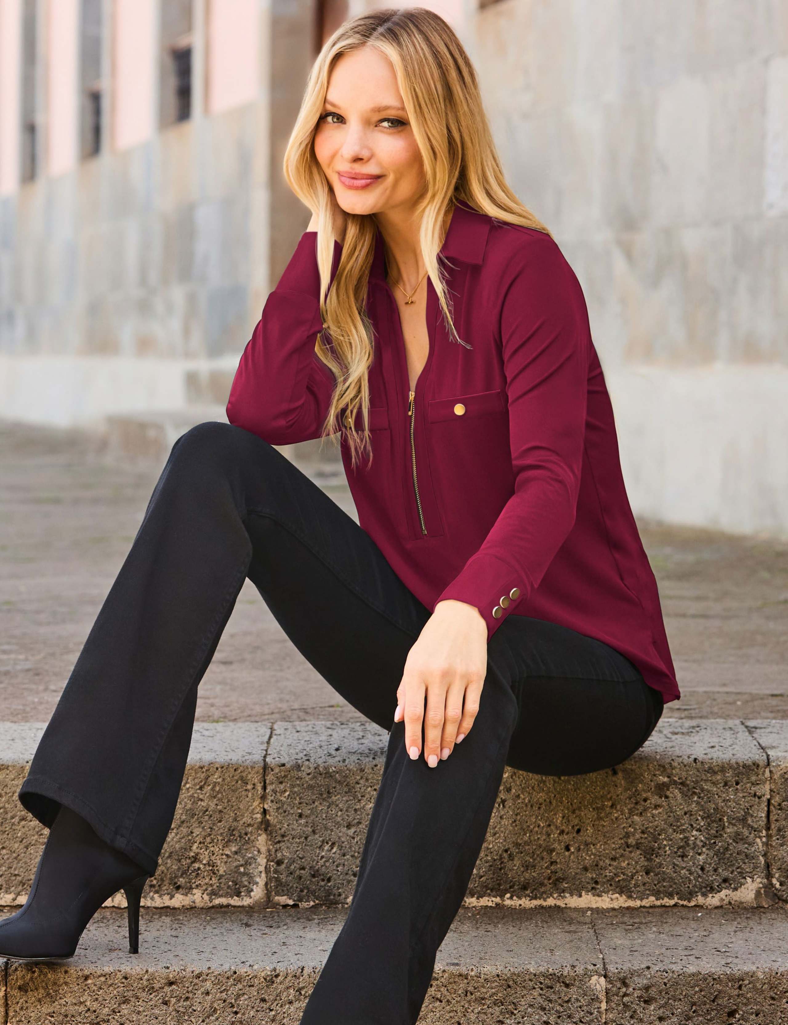 V-Neck Collared Zip Detail Top 3 of 4