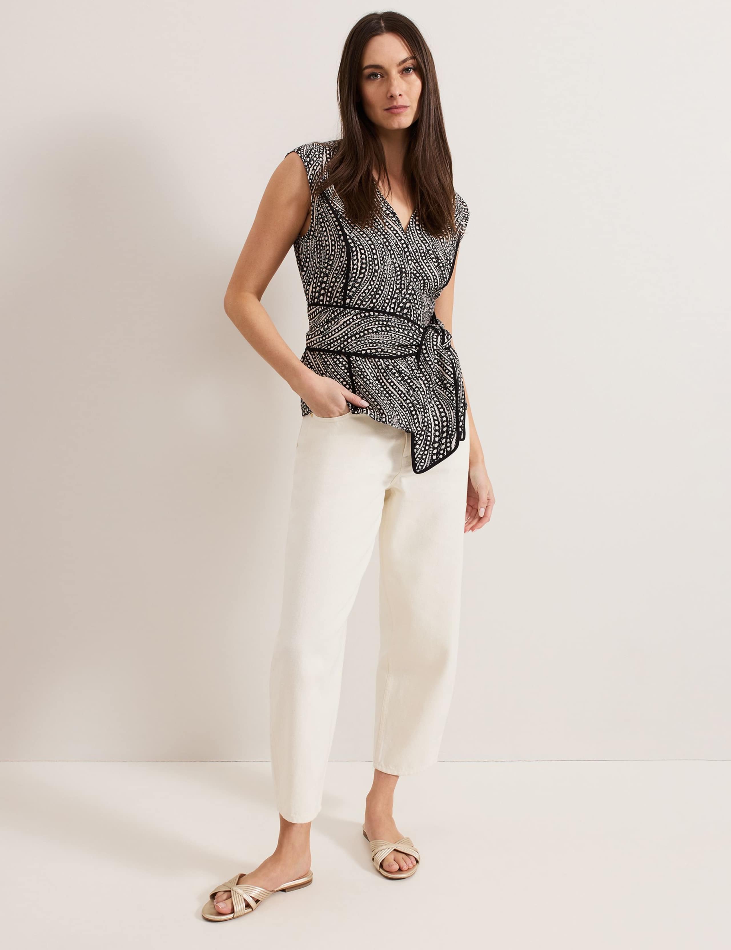 Linen Rich Printed V-Neck Tie Detail Top 4 of 7