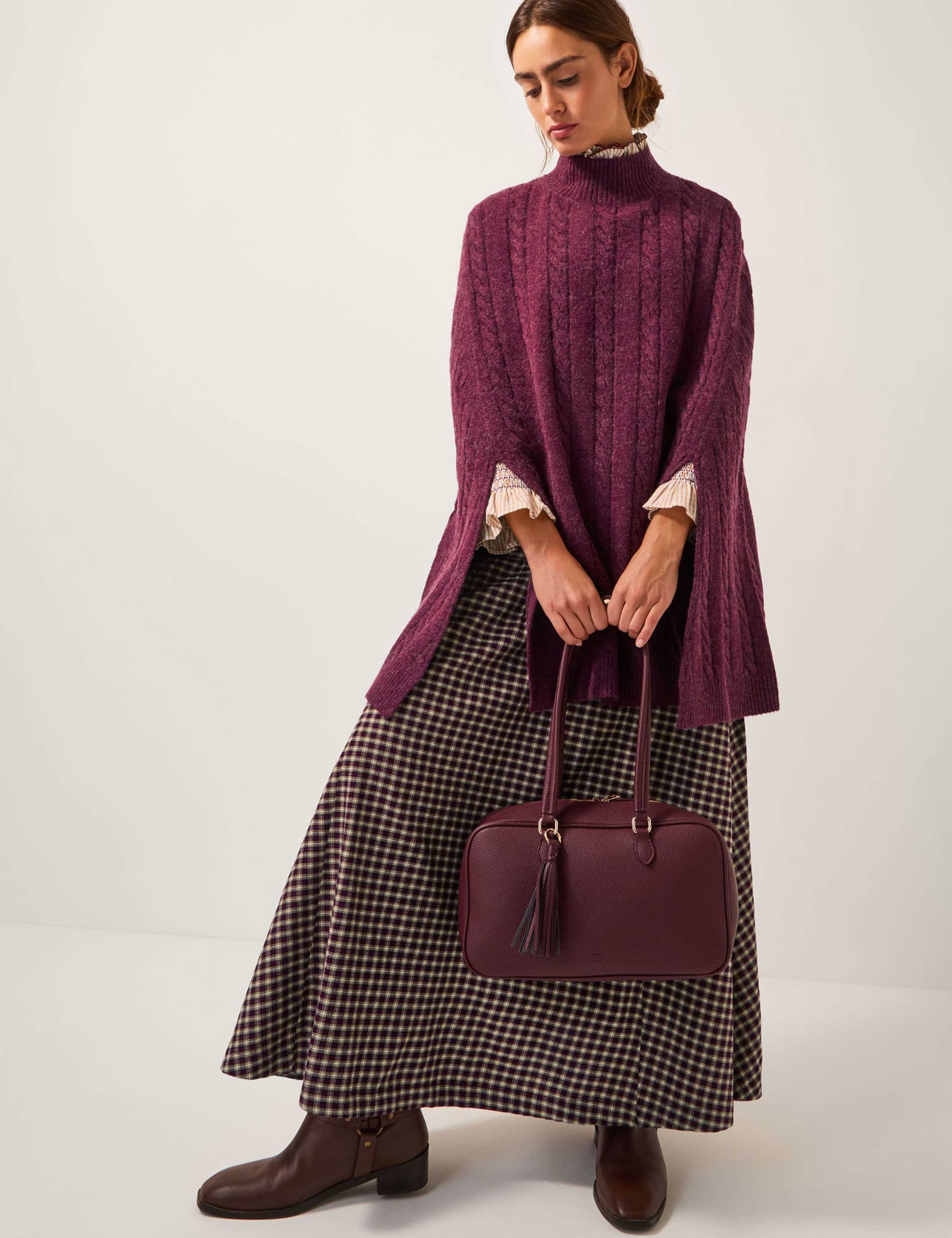Cable Knit Funnel Neck Poncho with Wool 2 of 4