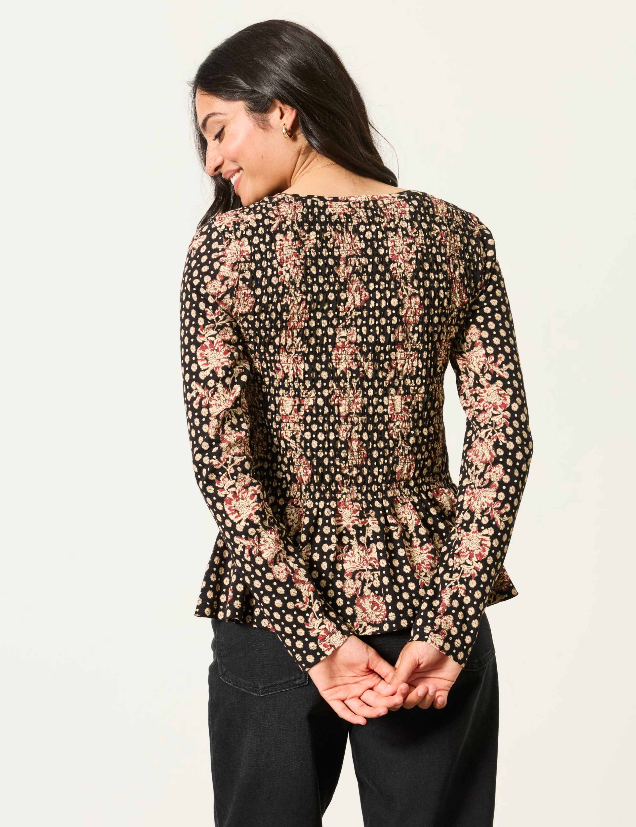 Cotton Rich Floral Shirred Peplum Top 3 of 6