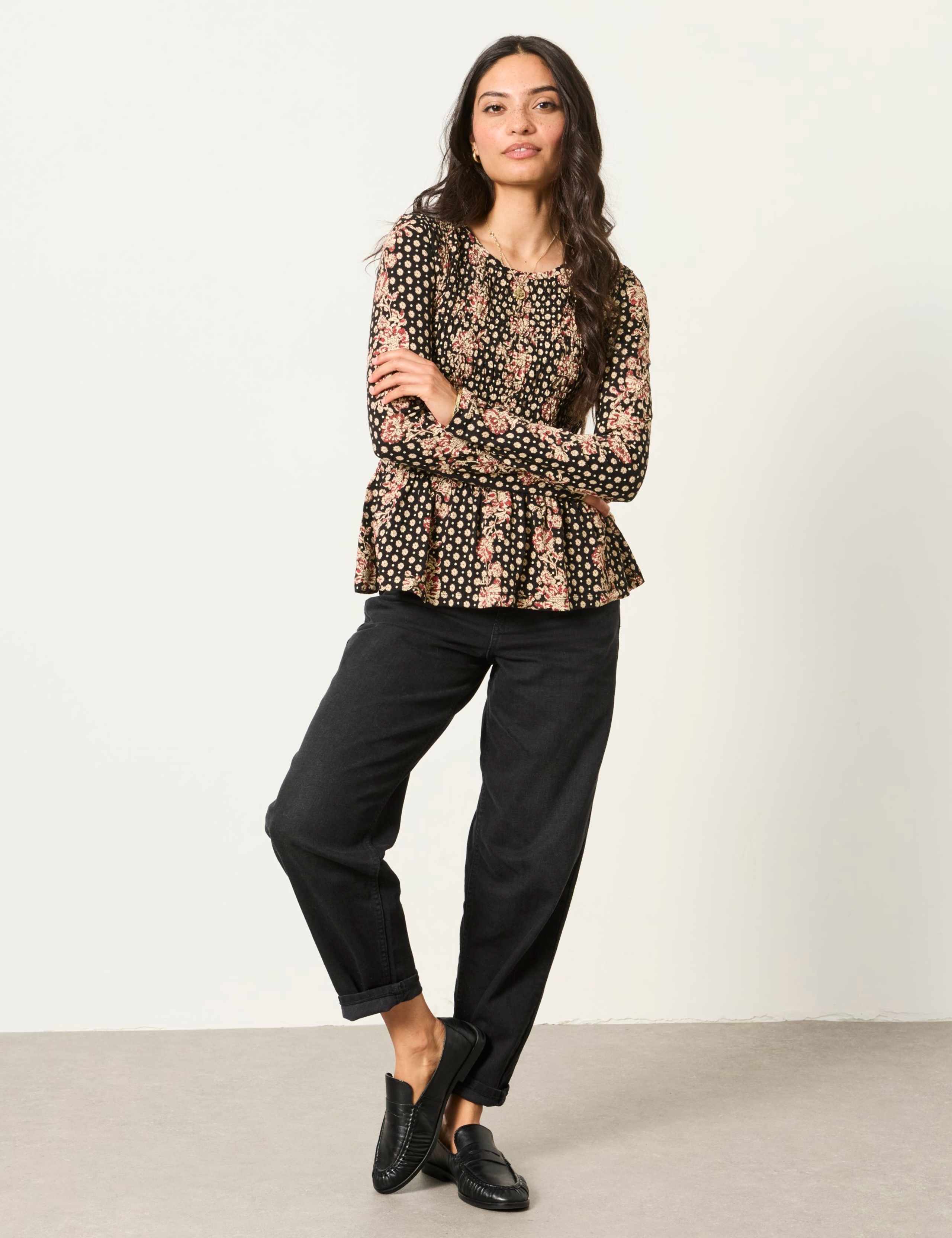 Cotton Rich Floral Shirred Peplum Top 4 of 6