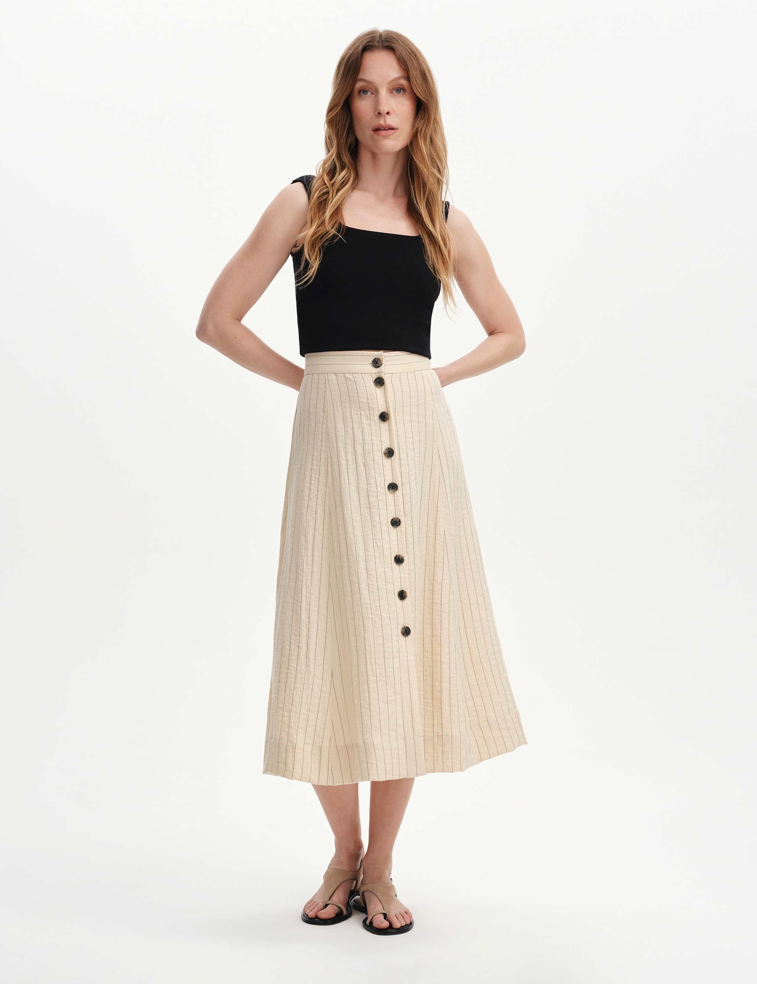 Striped Button Front Midi A-Line Skirt 3 of 5