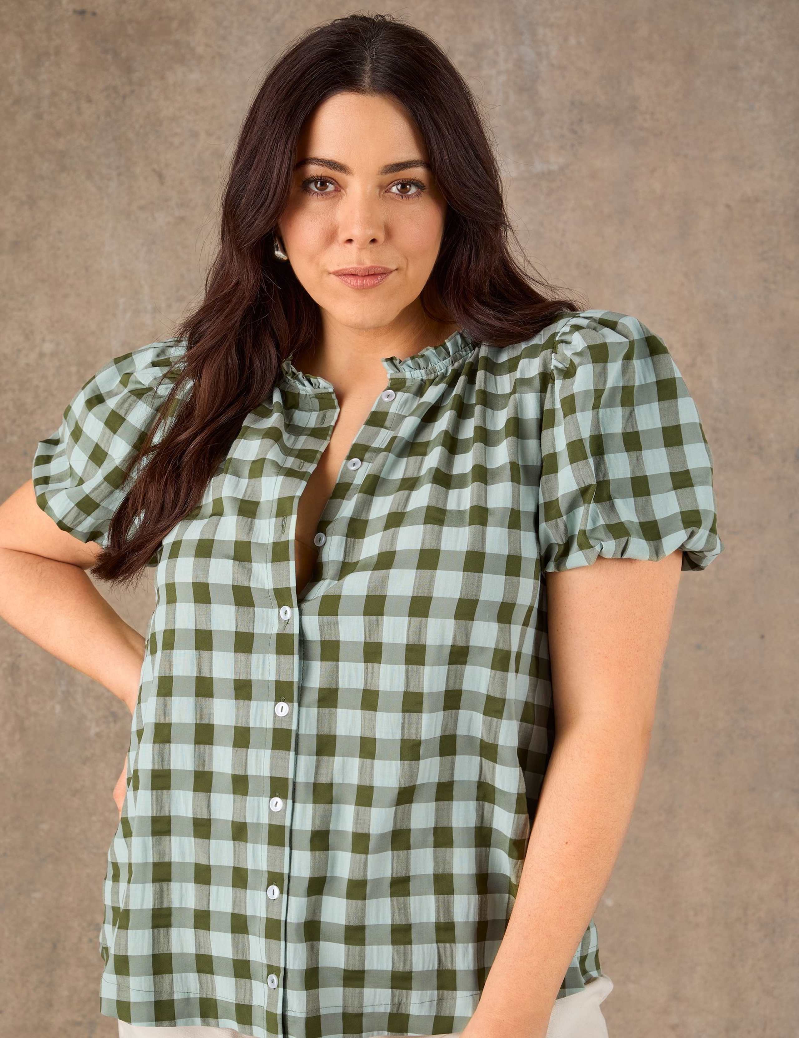 Gingham Button Through Blouse with Cotton 2 of 3