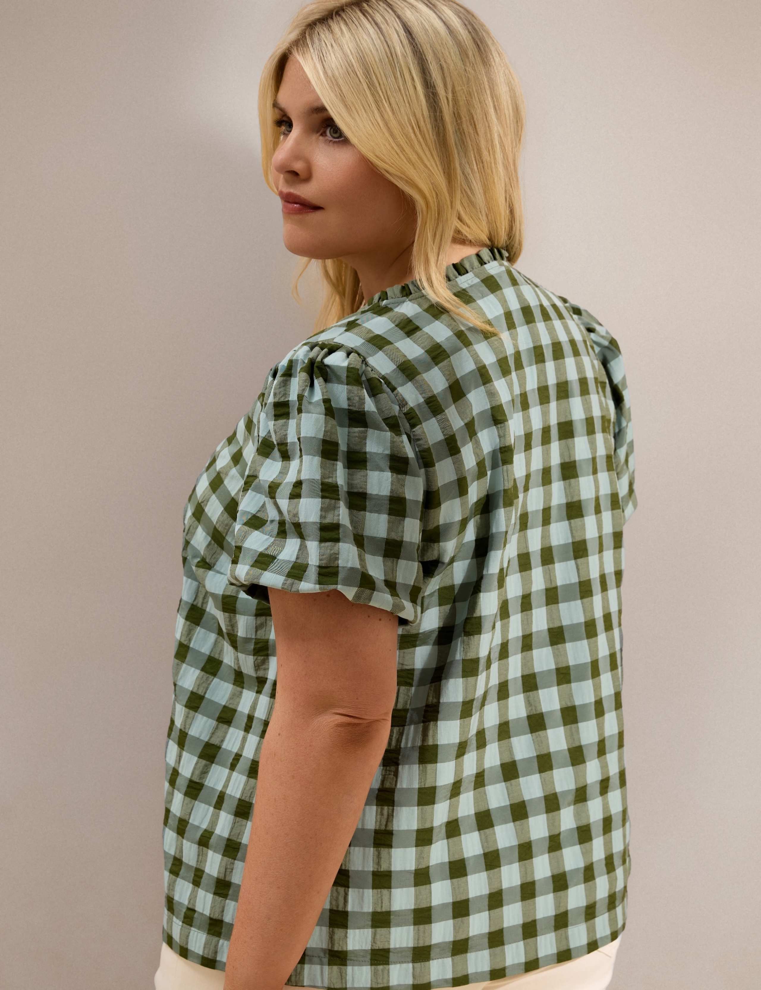 Gingham Button Through Blouse with Cotton 4 of 5
