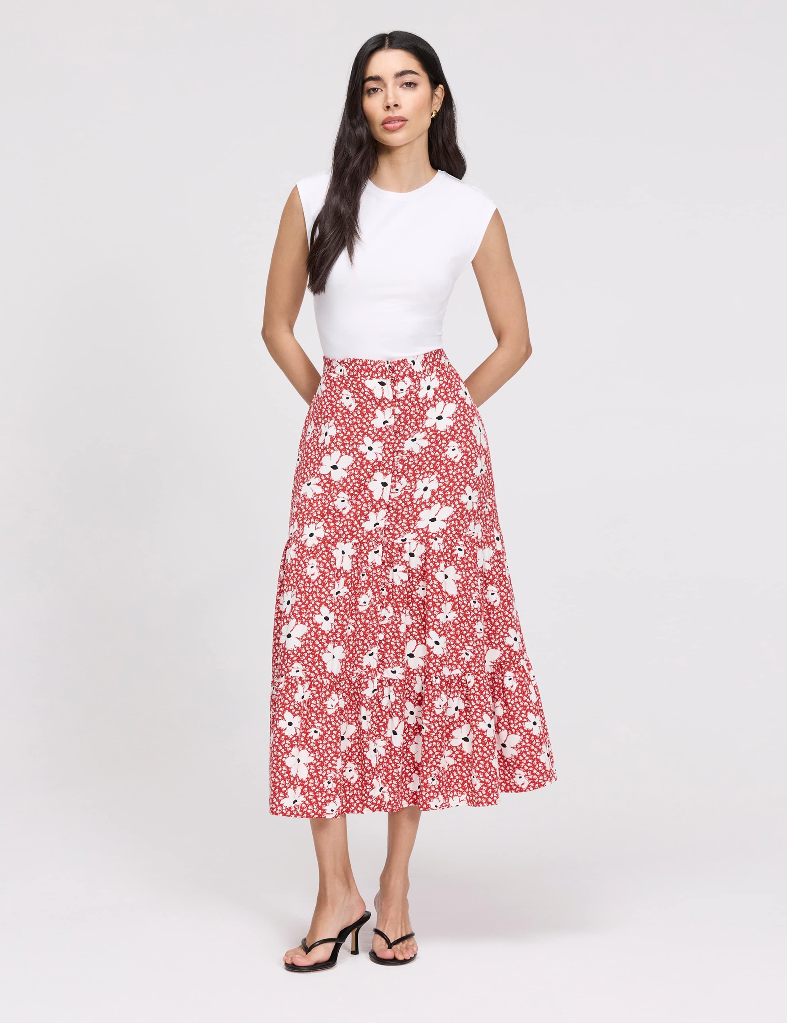 Floral Button Front Midi Tiered Skirt 1 of 7