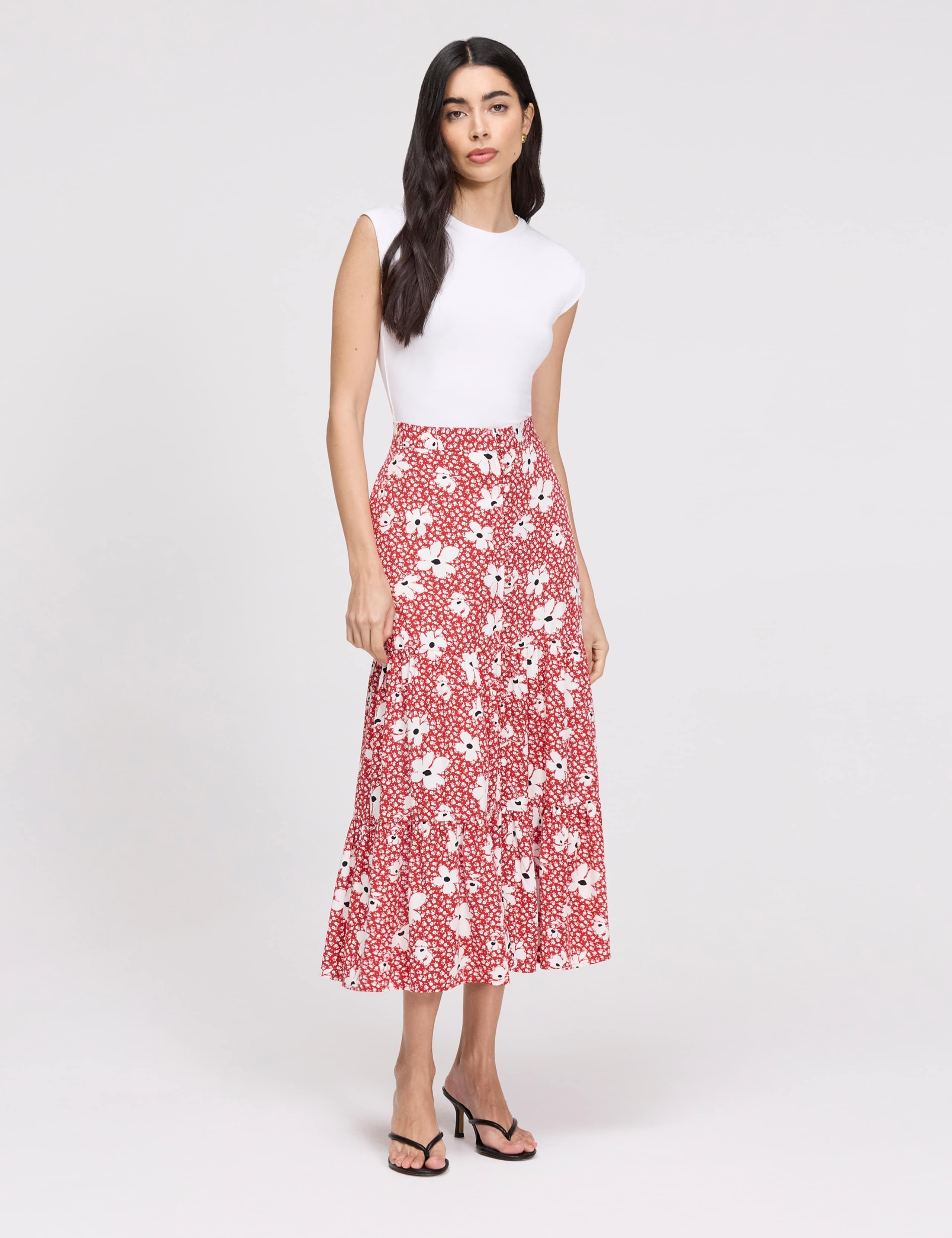 Floral Button Front Midi Tiered Skirt 2 of 7