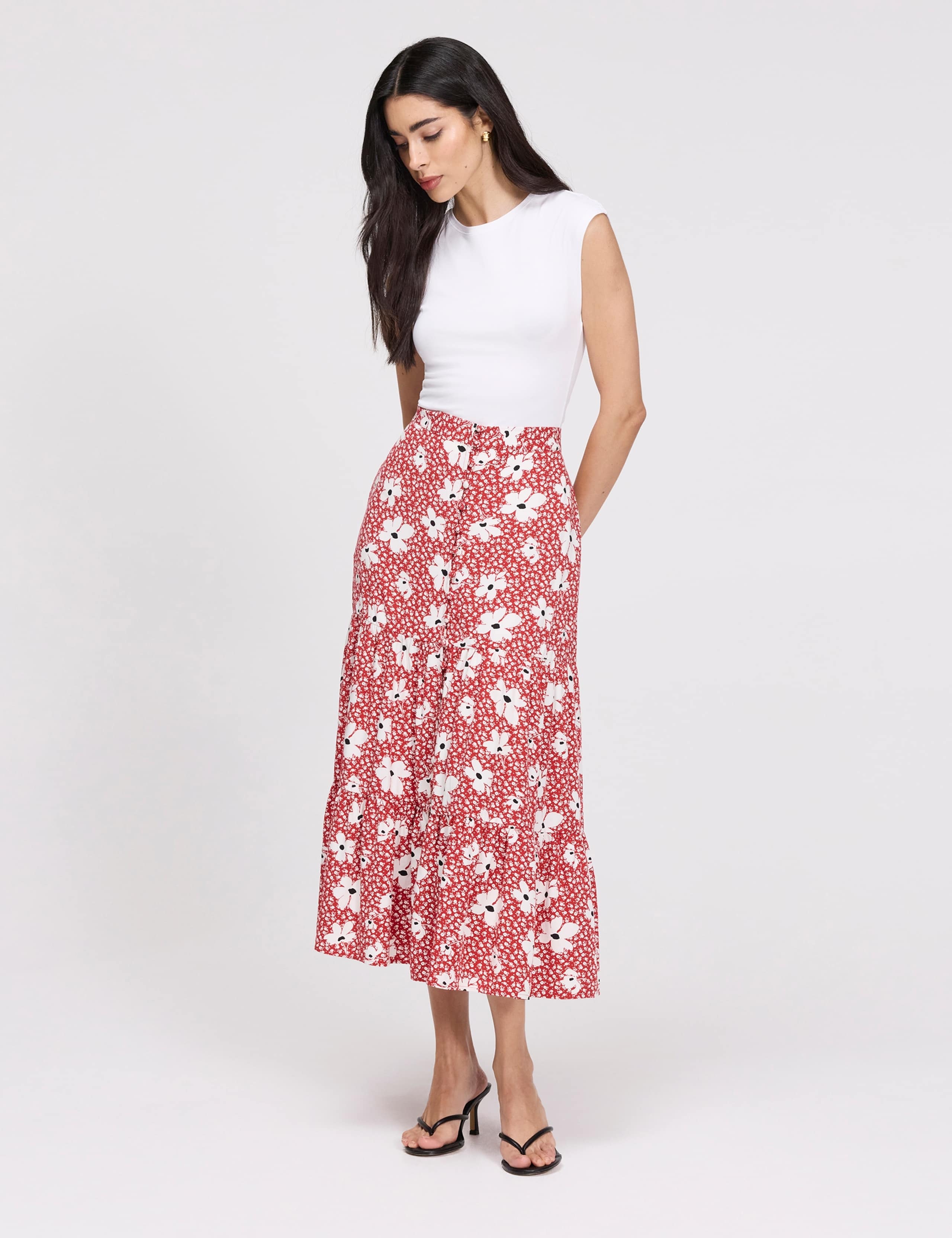 Floral Button Front Midi Tiered Skirt 3 of 7