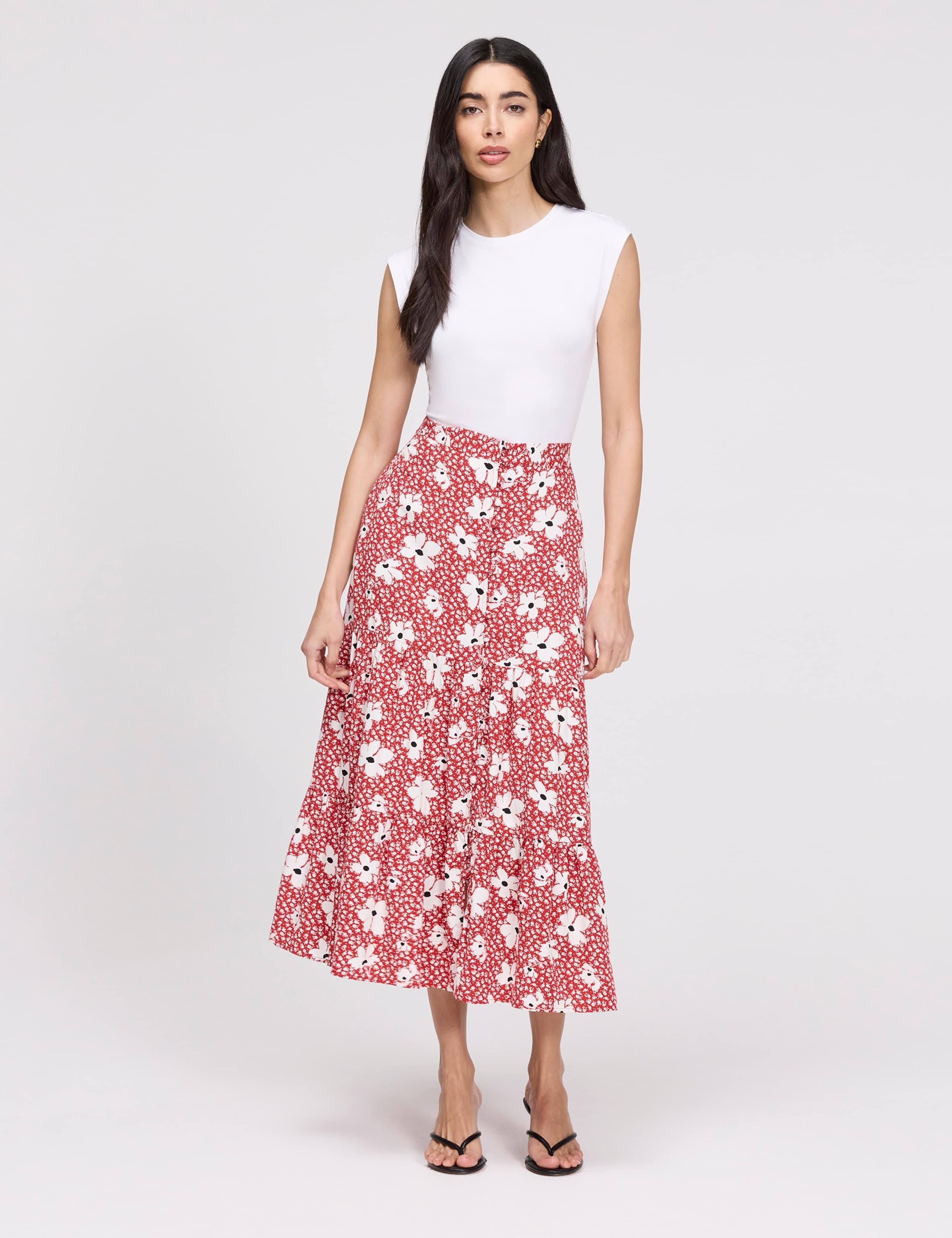 Floral Button Front Midi Tiered Skirt 4 of 7