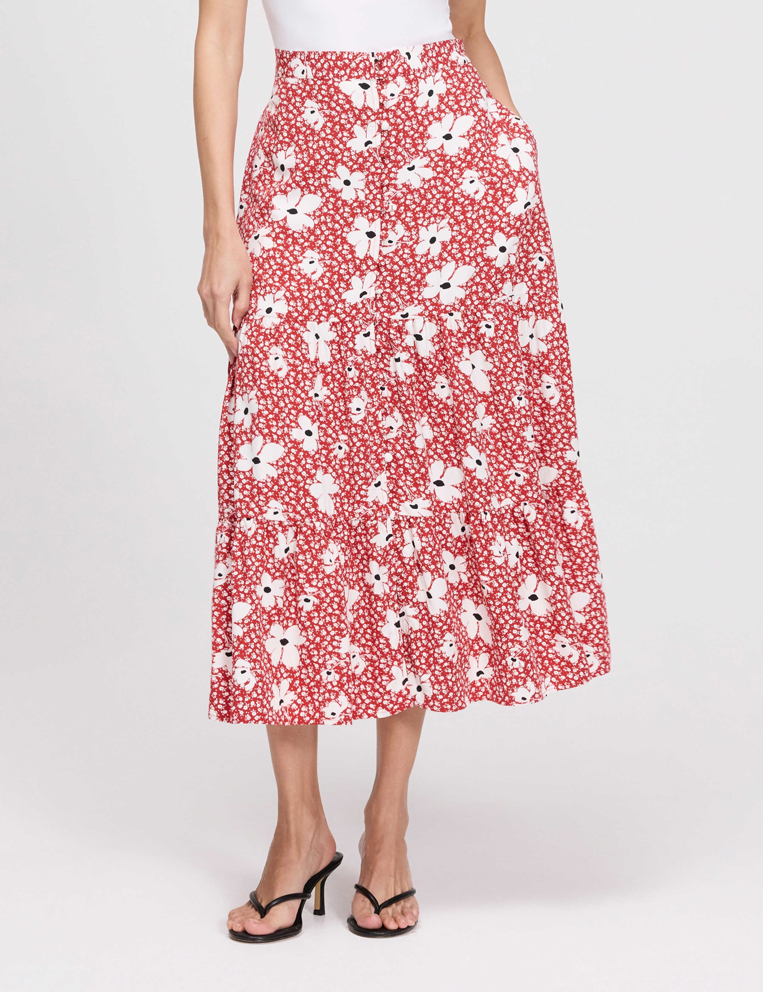 Floral Button Front Midi Tiered Skirt 6 of 7