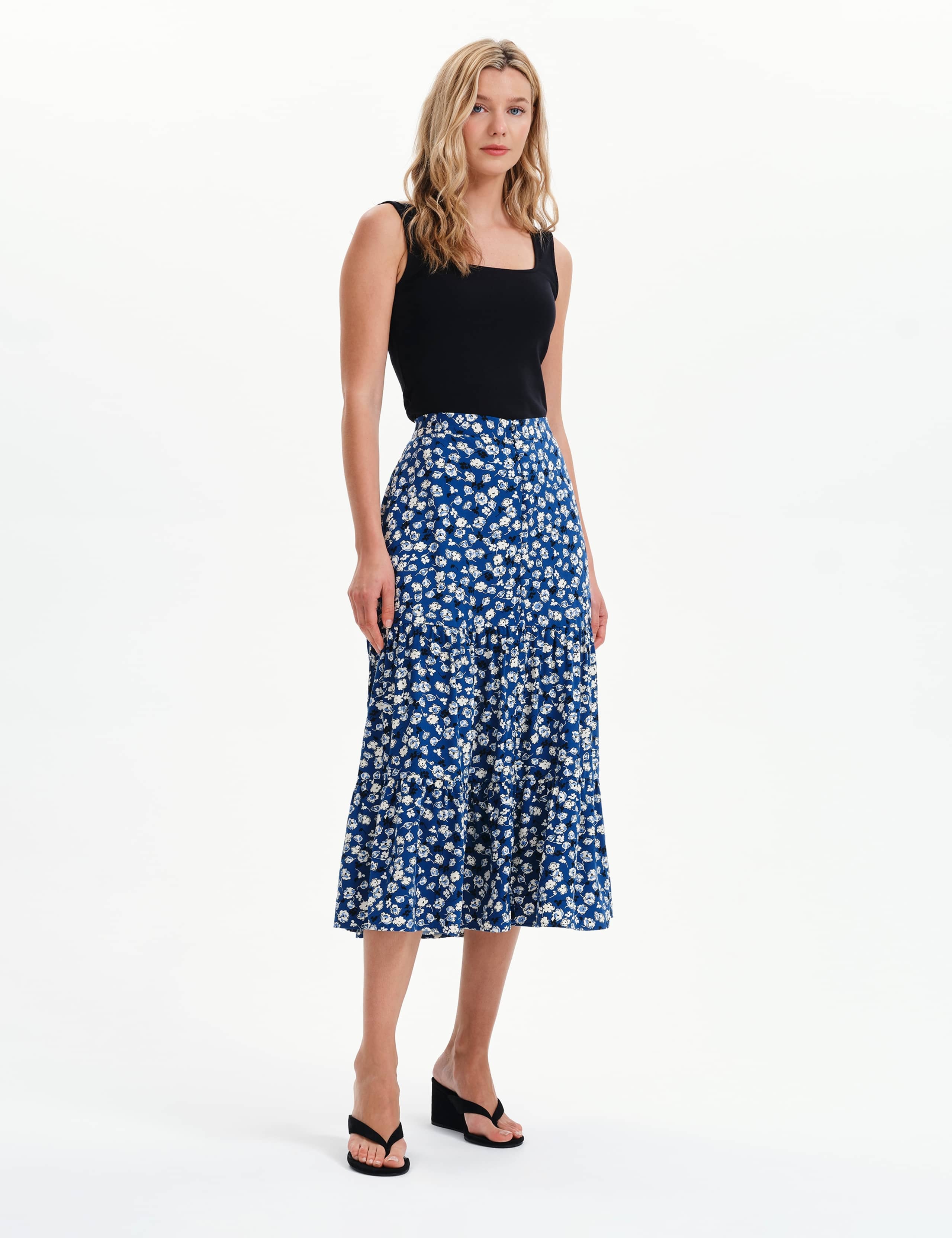 Floral Button Through Midi Tiered Skirt 4 of 8