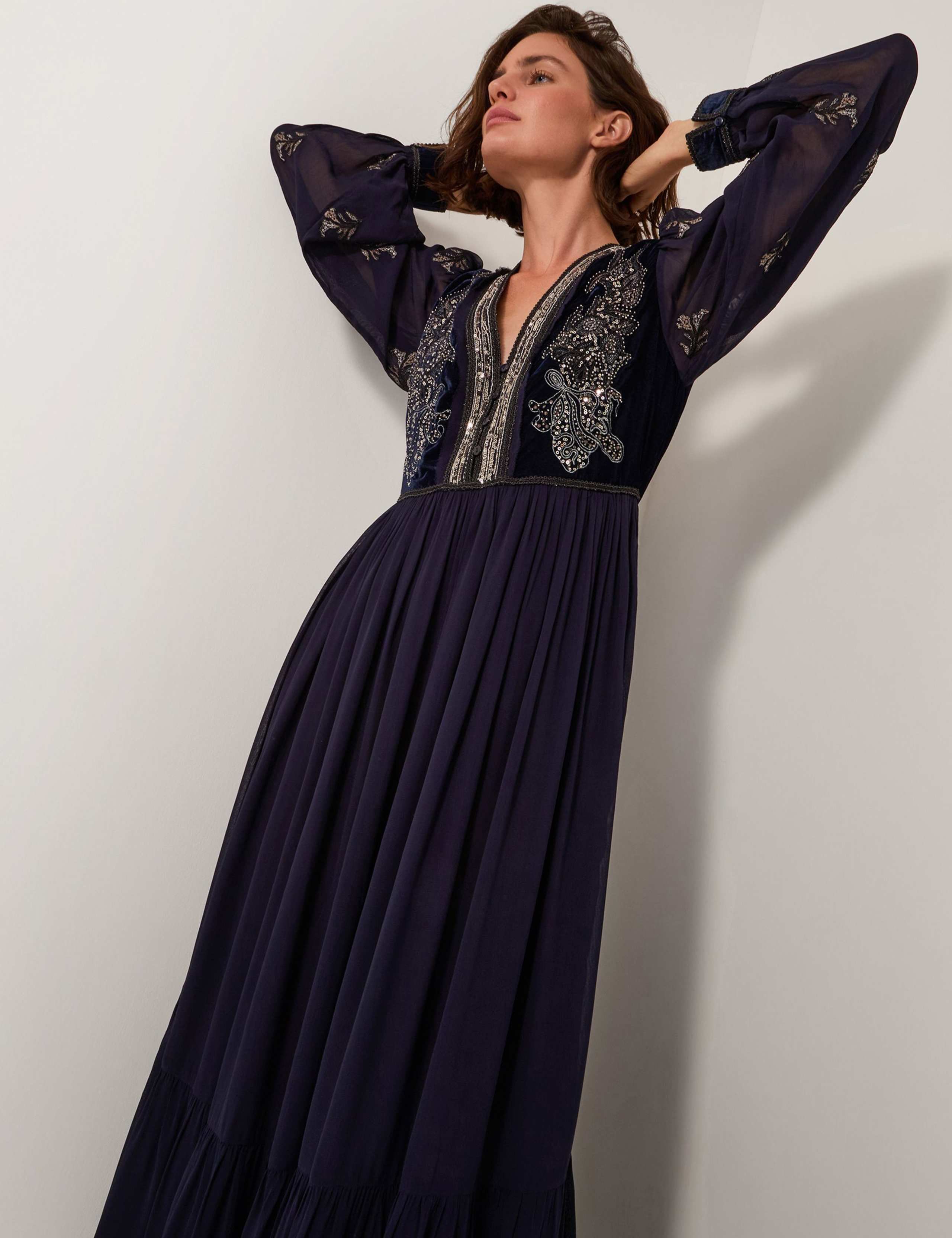 Embroidered V-Neck Maxi Waisted Dress 3 of 4