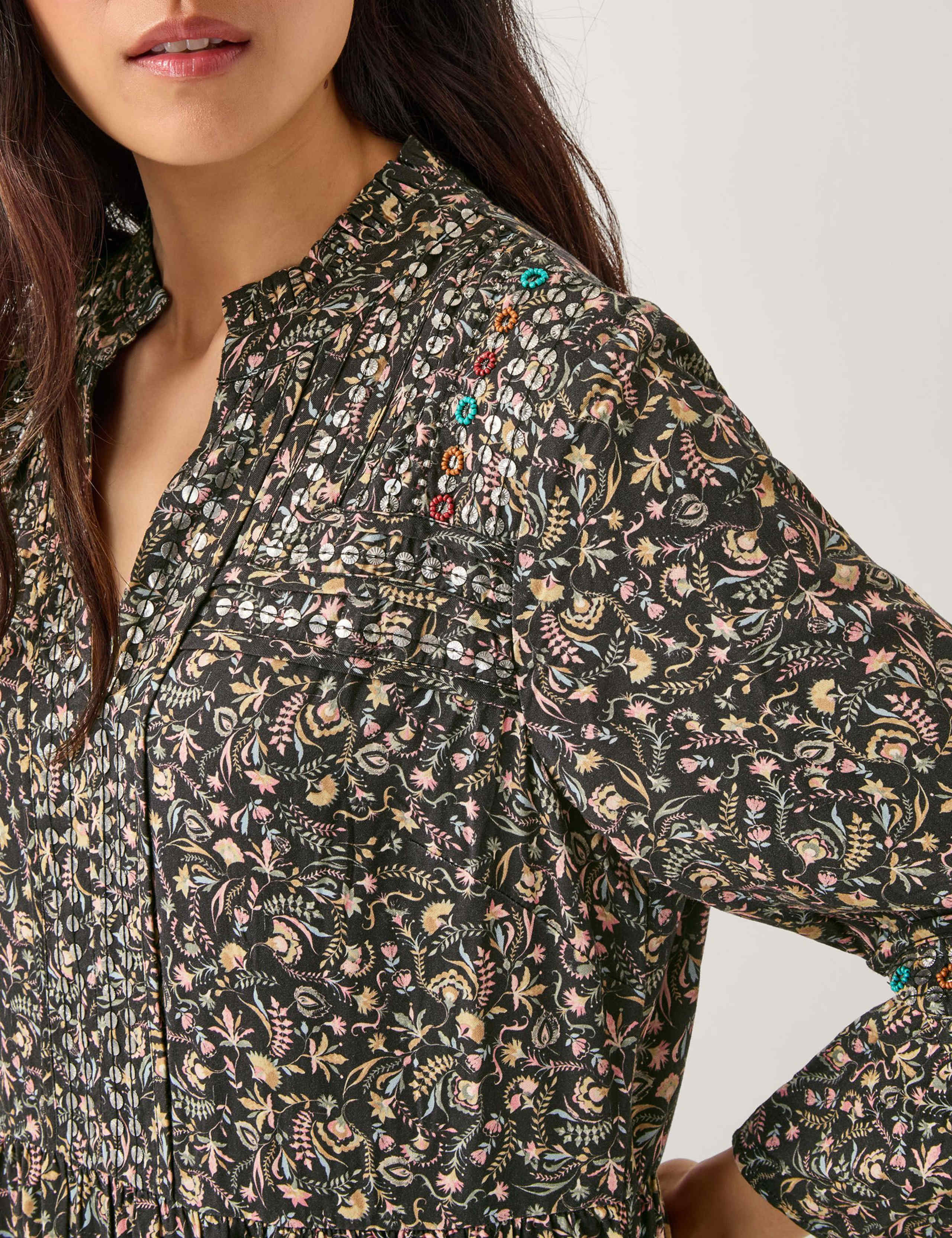 Floral Embellished V-Neck Midi Waisted Dress 5 of 5