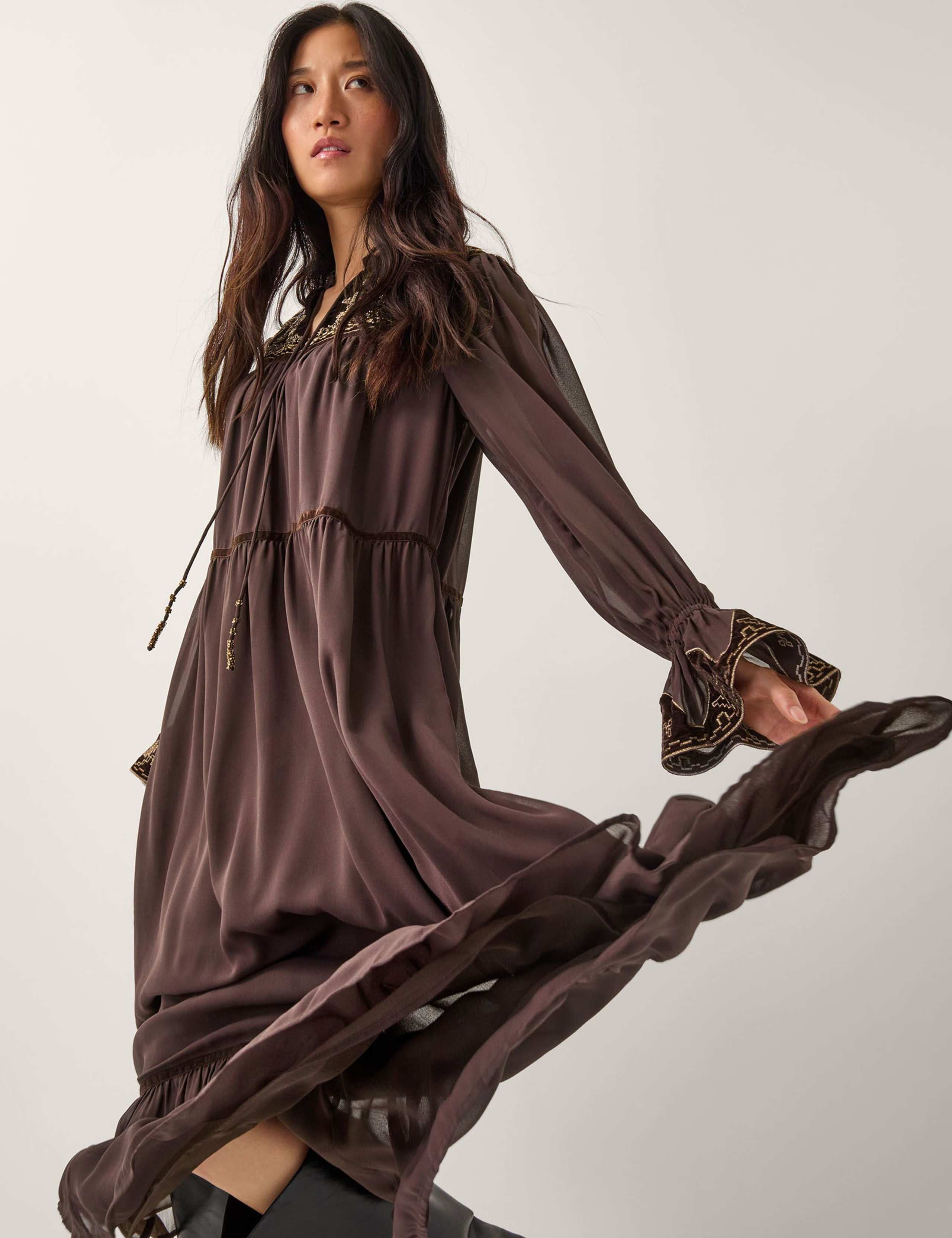 Embroidered Tie Neck Maxi Smock Dress 2 of 5