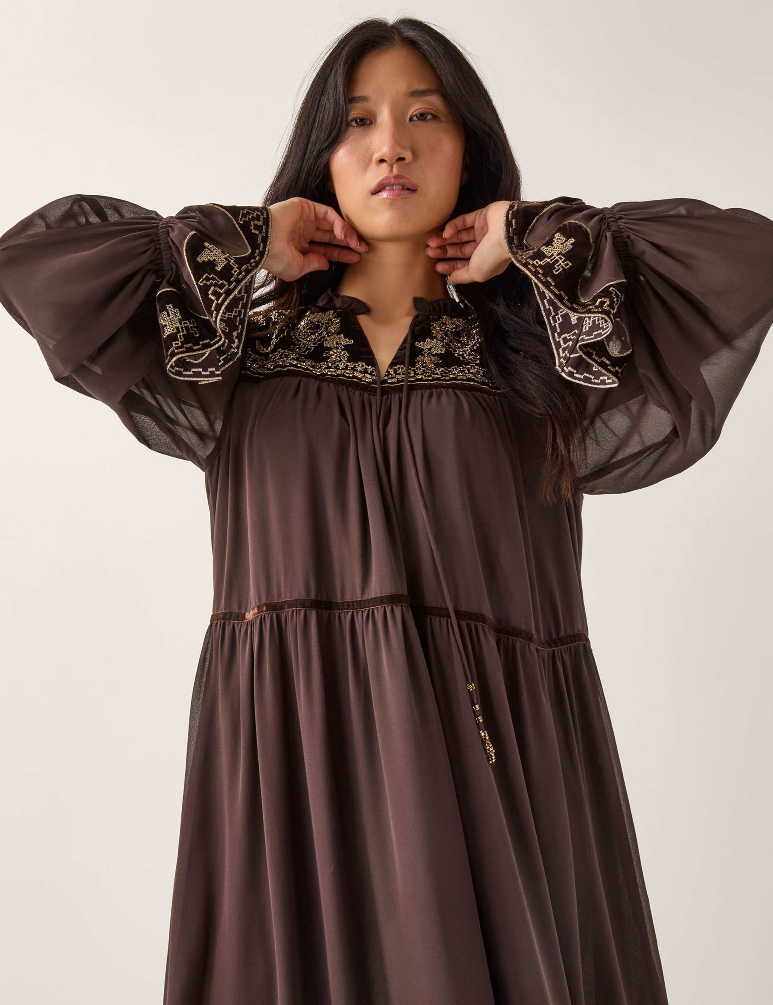 Embroidered Tie Neck Maxi Smock Dress 5 of 5