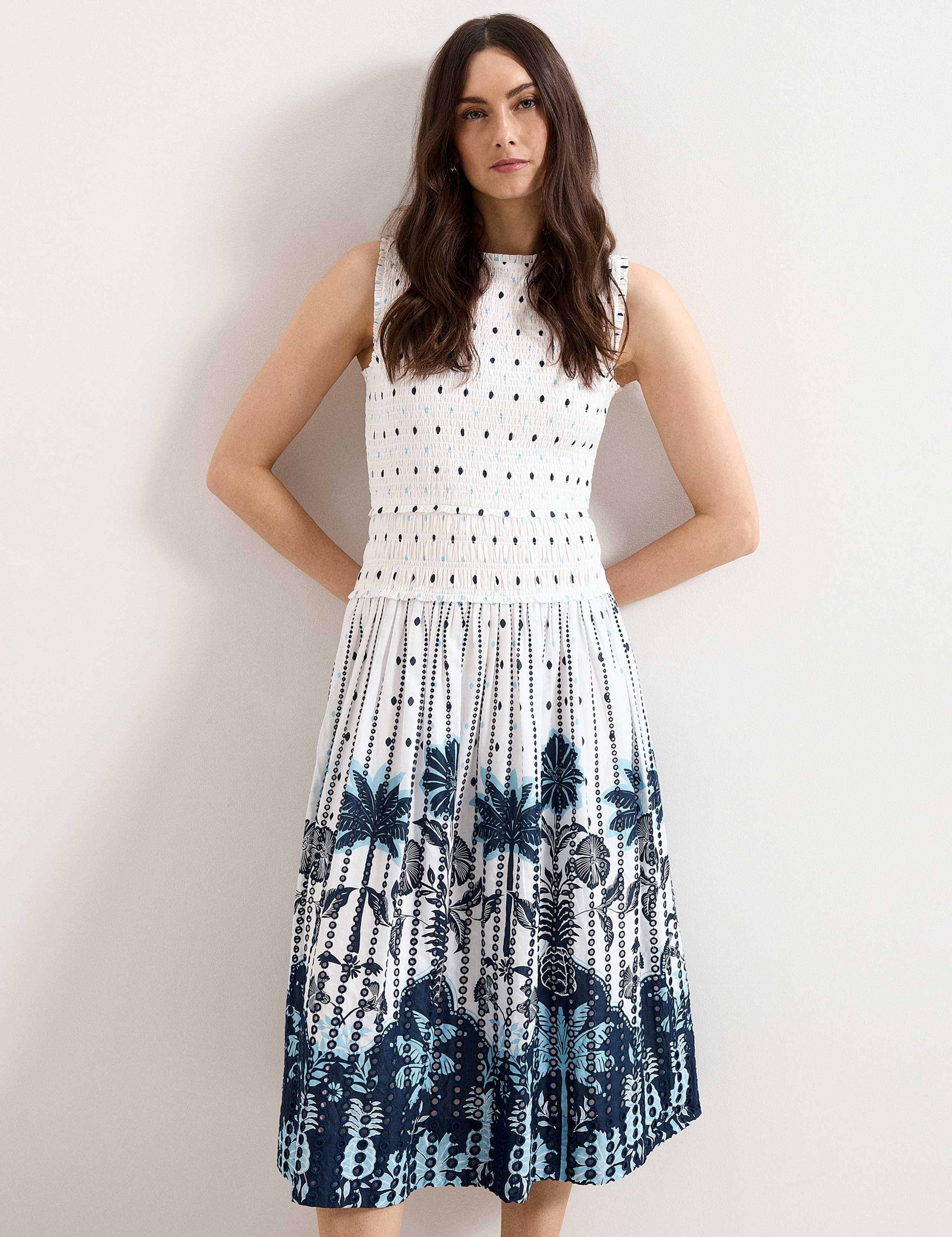 Pure Cotton Printed Midi Shirred Dress 1 of 7