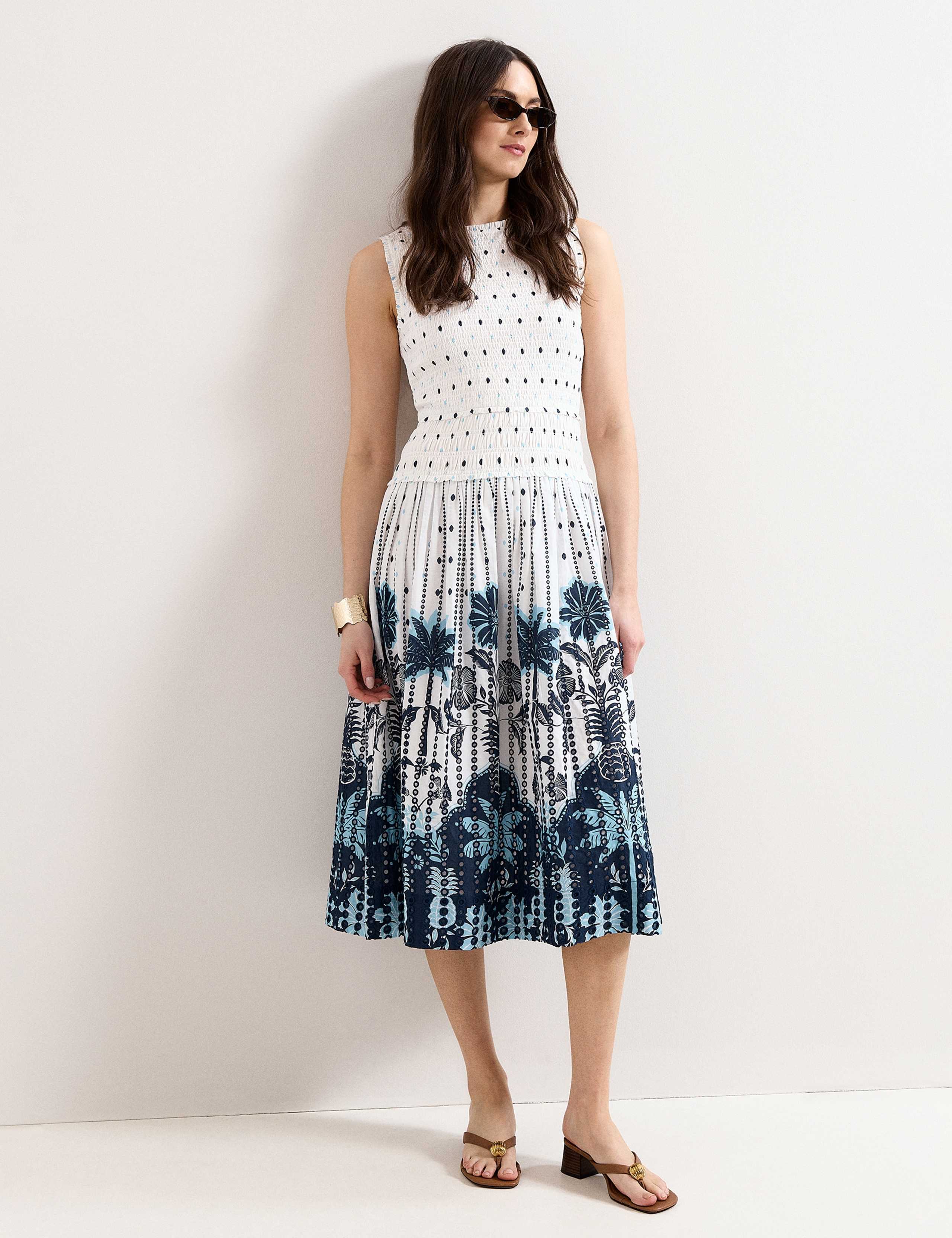 Pure Cotton Printed Midi Shirred Dress 3 of 7