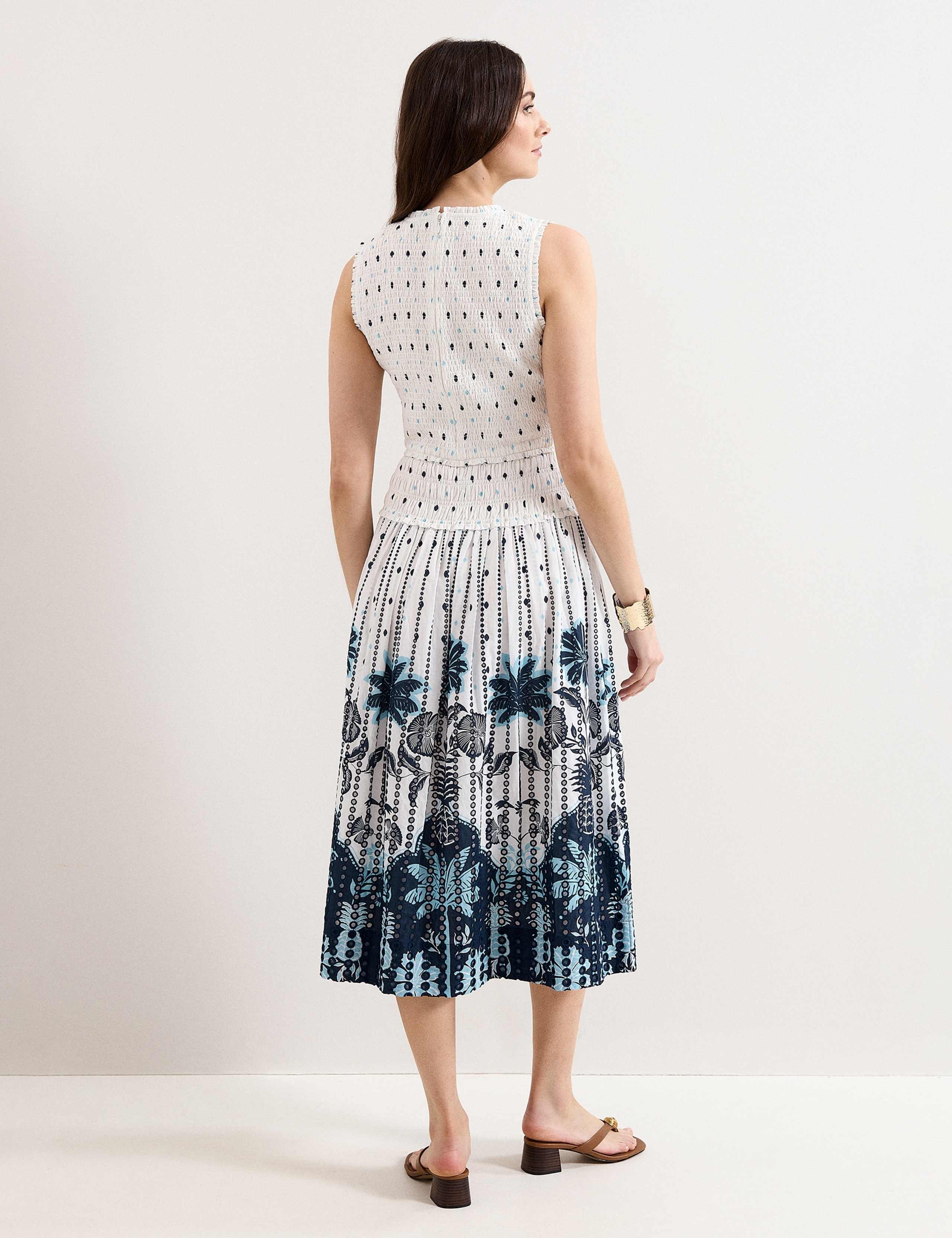 Pure Cotton Printed Midi Shirred Dress 5 of 7