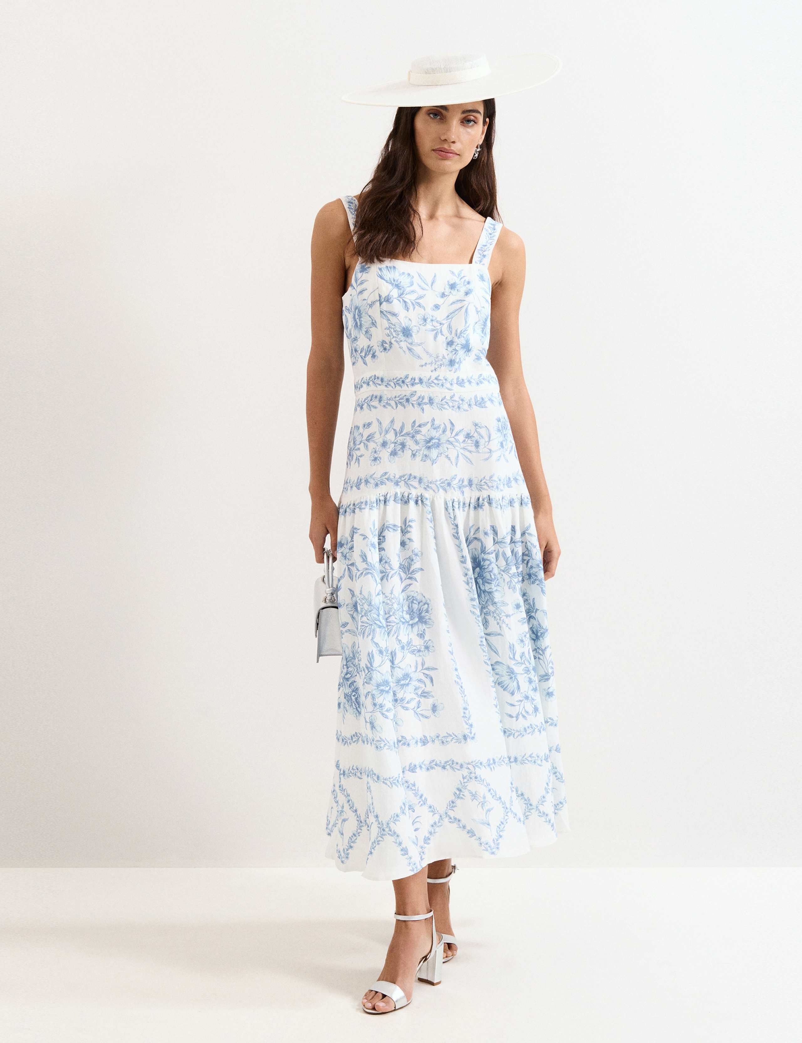Linen Rich Floral Midaxi Waisted Dress 3 of 8