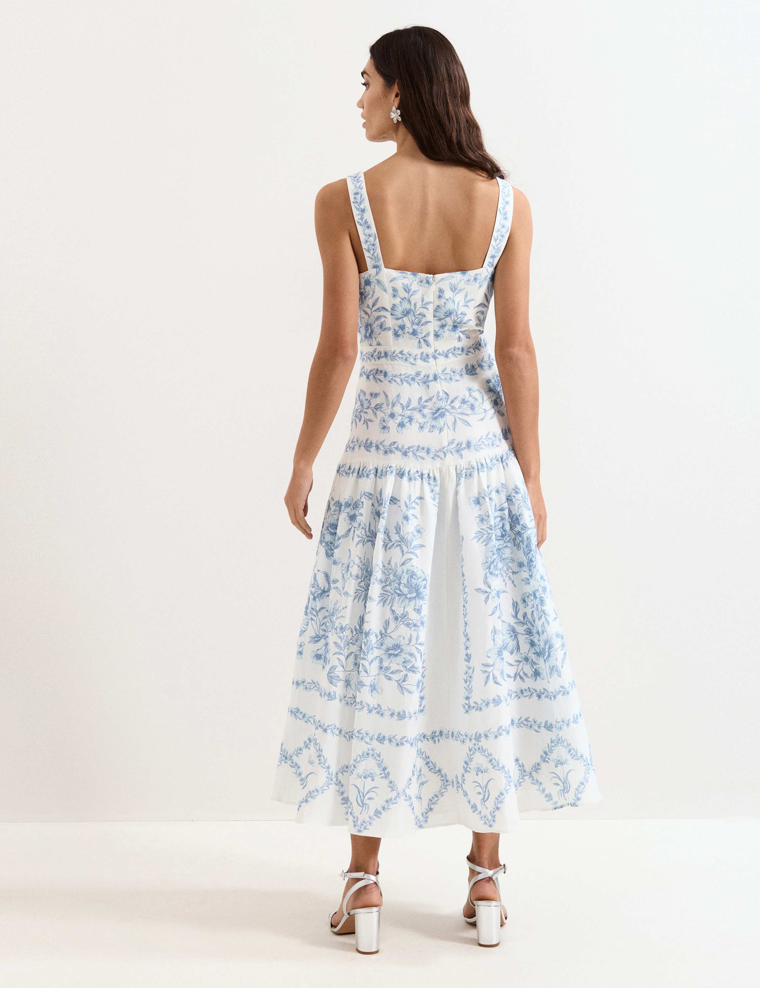 Linen Rich Floral Midaxi Waisted Dress 5 of 8