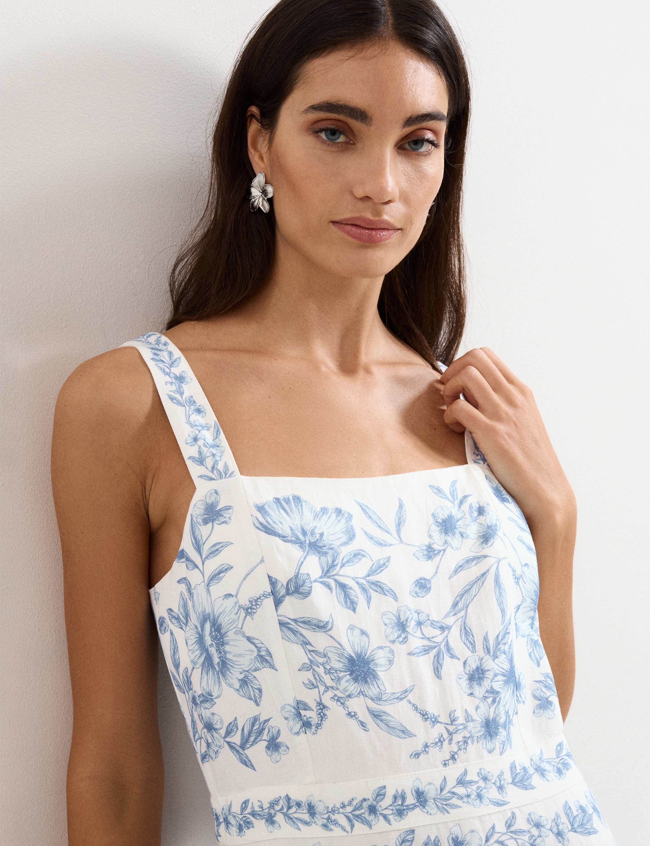 Linen Rich Floral Midaxi Waisted Dress 7 of 8