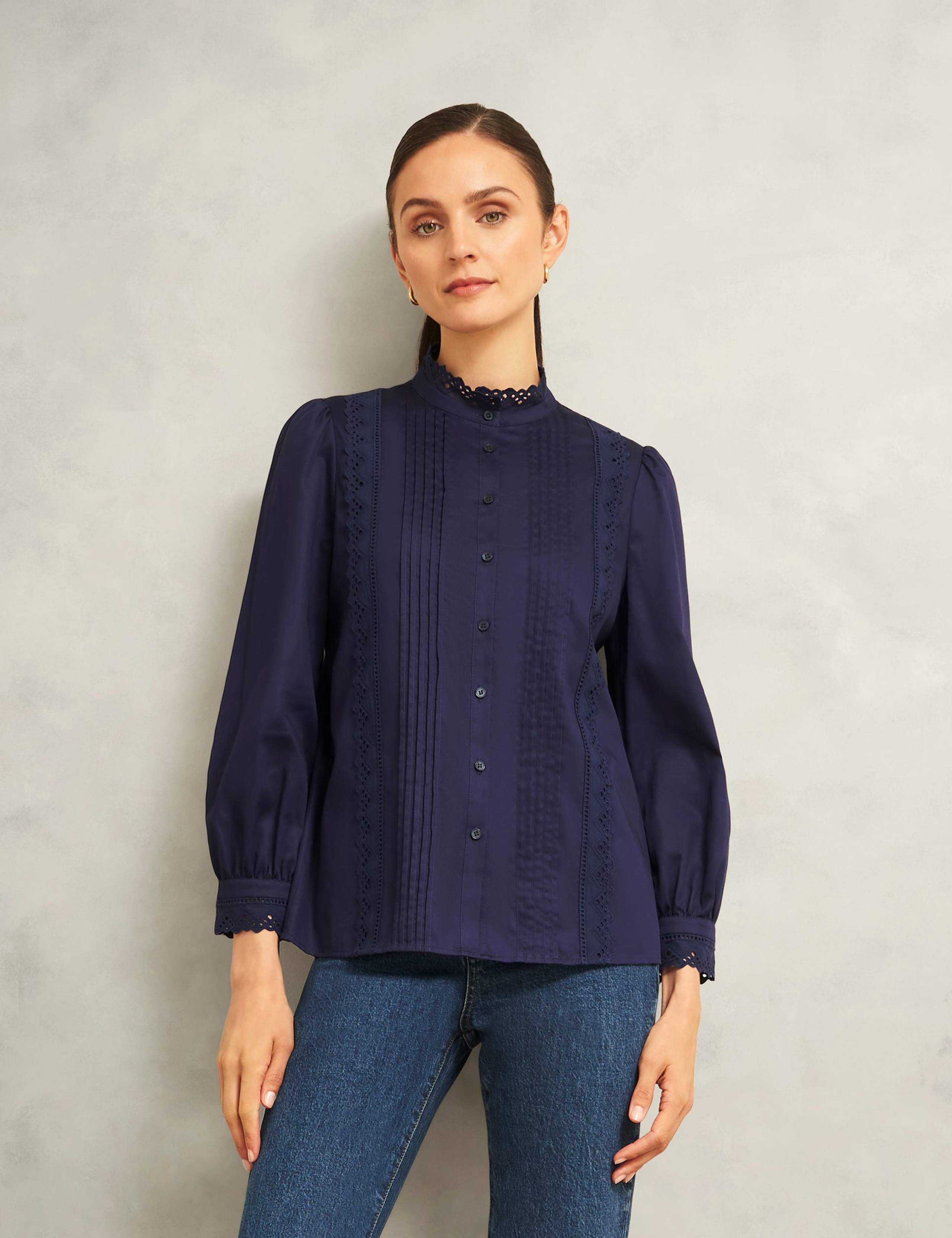 Pure Cotton Broderie High Neck Blouse 1 of 4