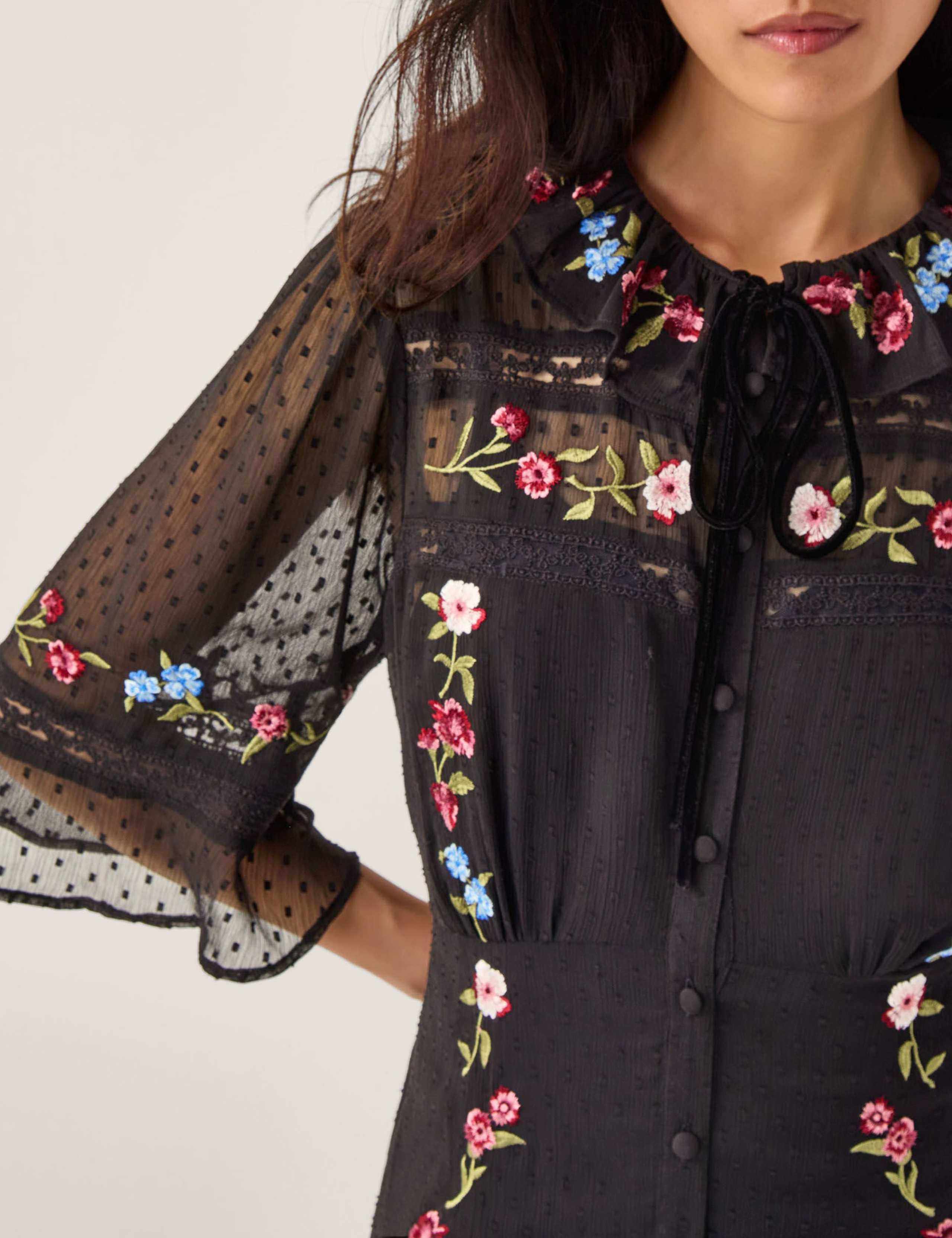 Embroidered Tie Neck Midi Tea Dress 3 of 4