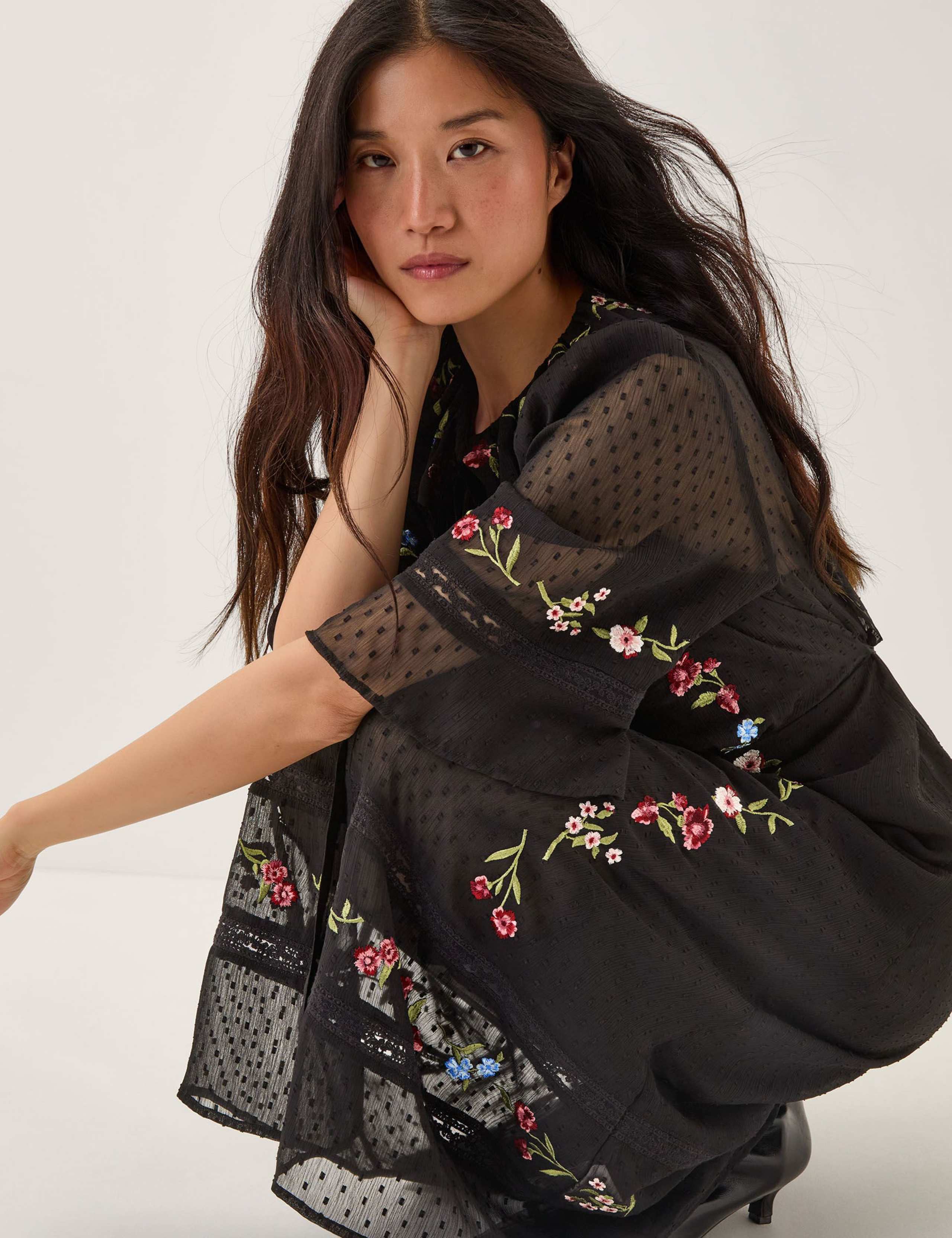 Embroidered Tie Neck Midi Tea Dress 4 of 4