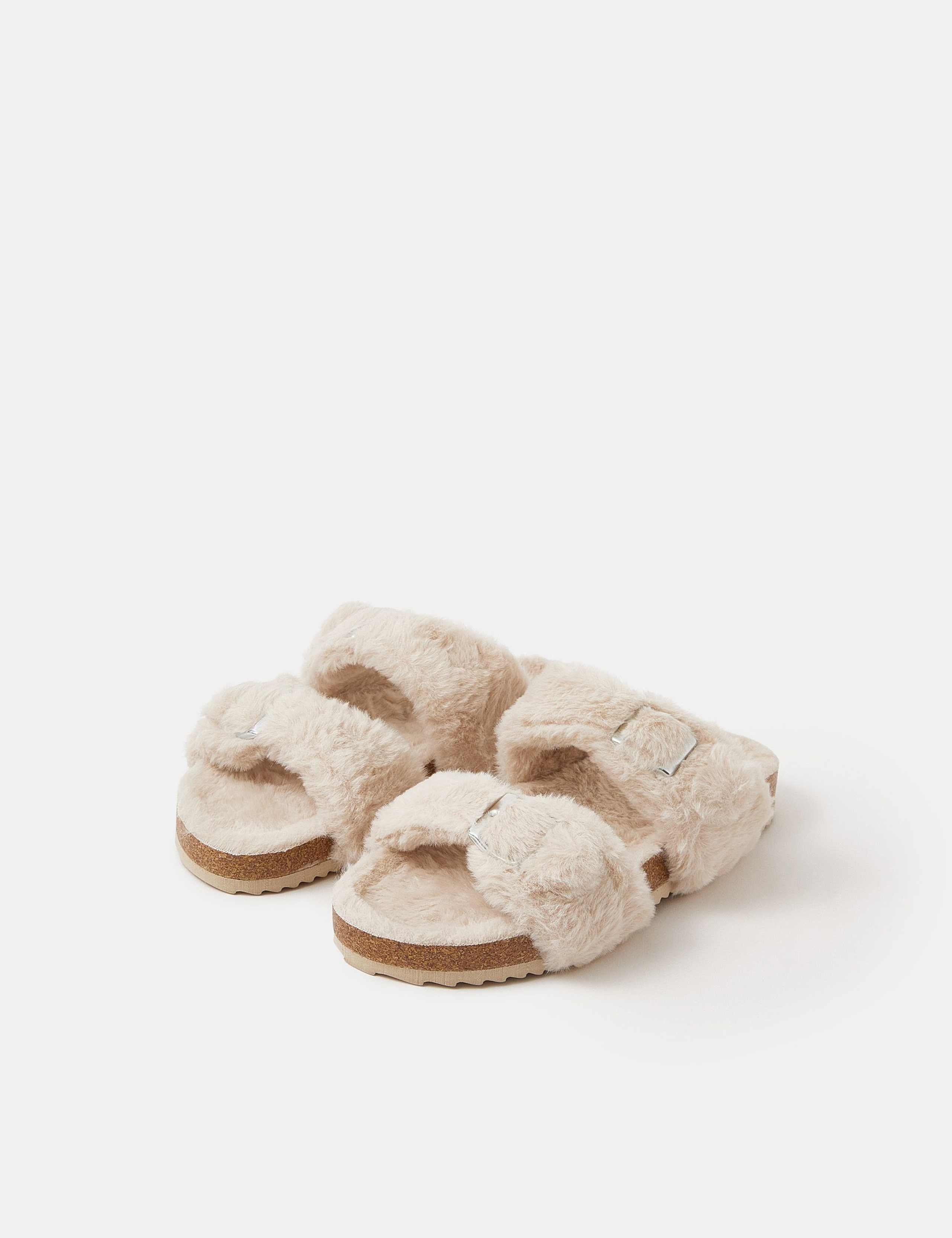 Faux Fur Buckle Open Toe Mule Slippers 1 of 2