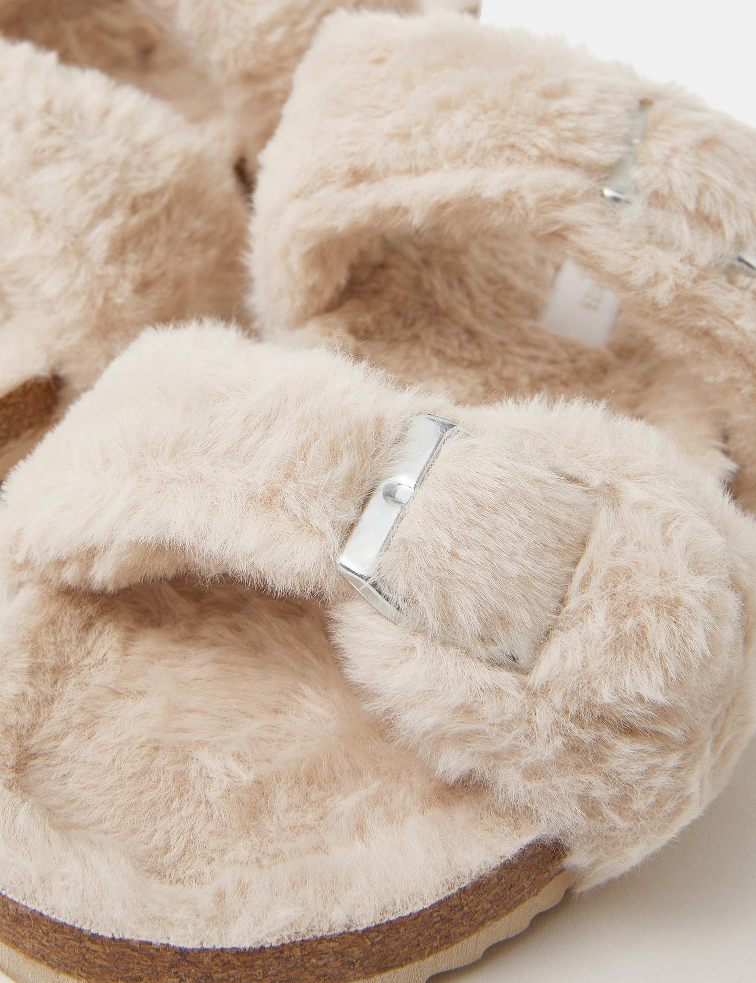 Faux Fur Buckle Open Toe Mule Slippers 2 of 2