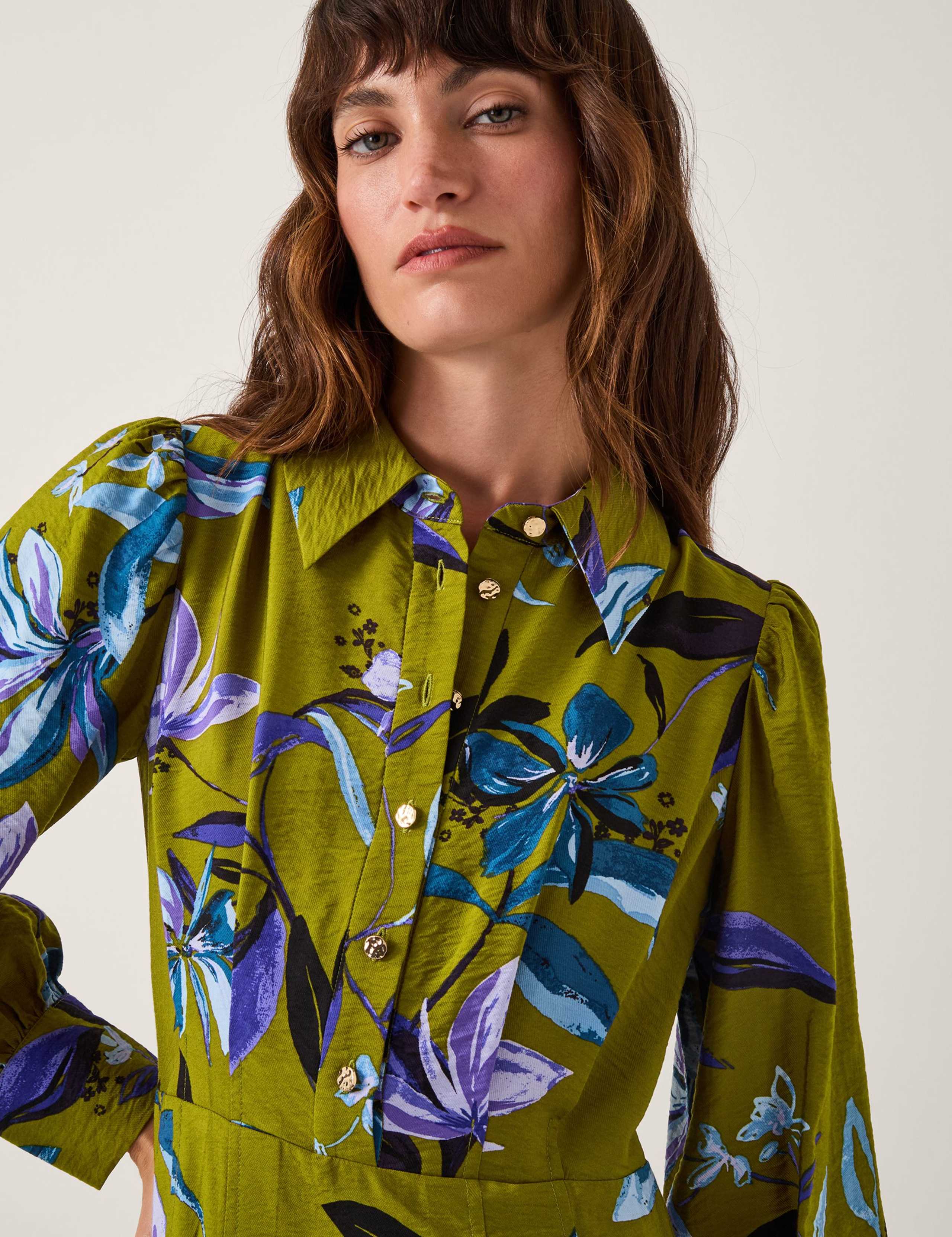 Floral Button Front Midi Shirt Dress 2 of 5