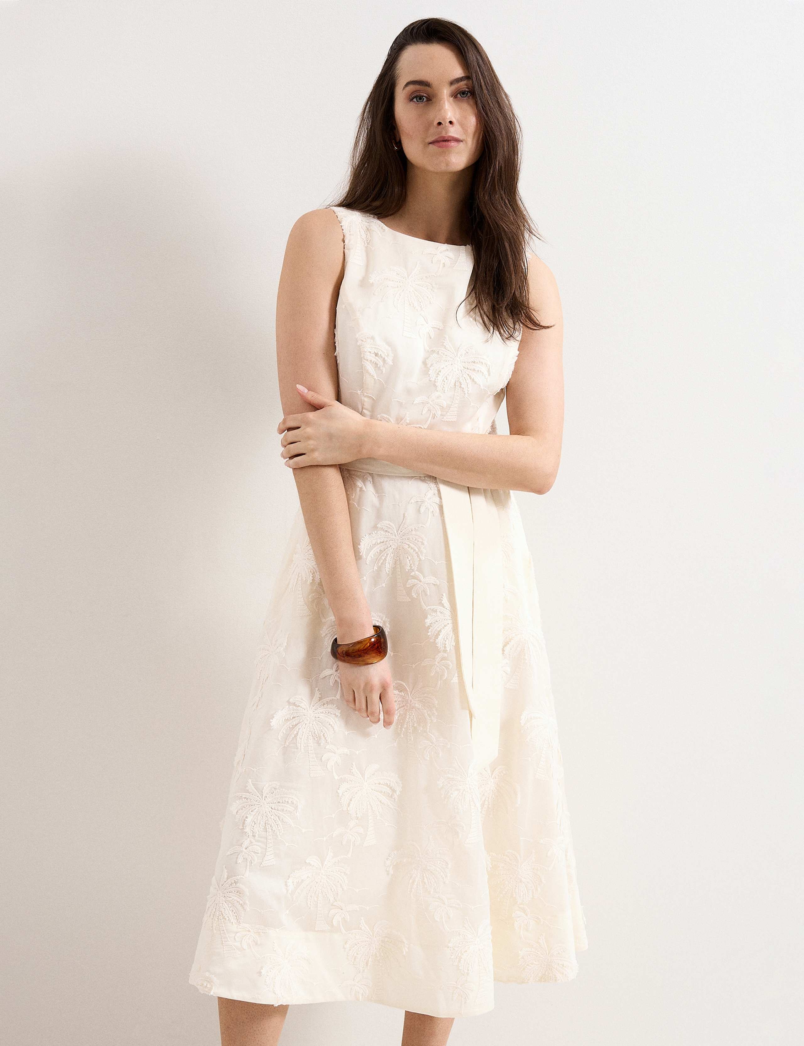 Embroidered Slash Neck Midi Waisted Dress 1 of 8