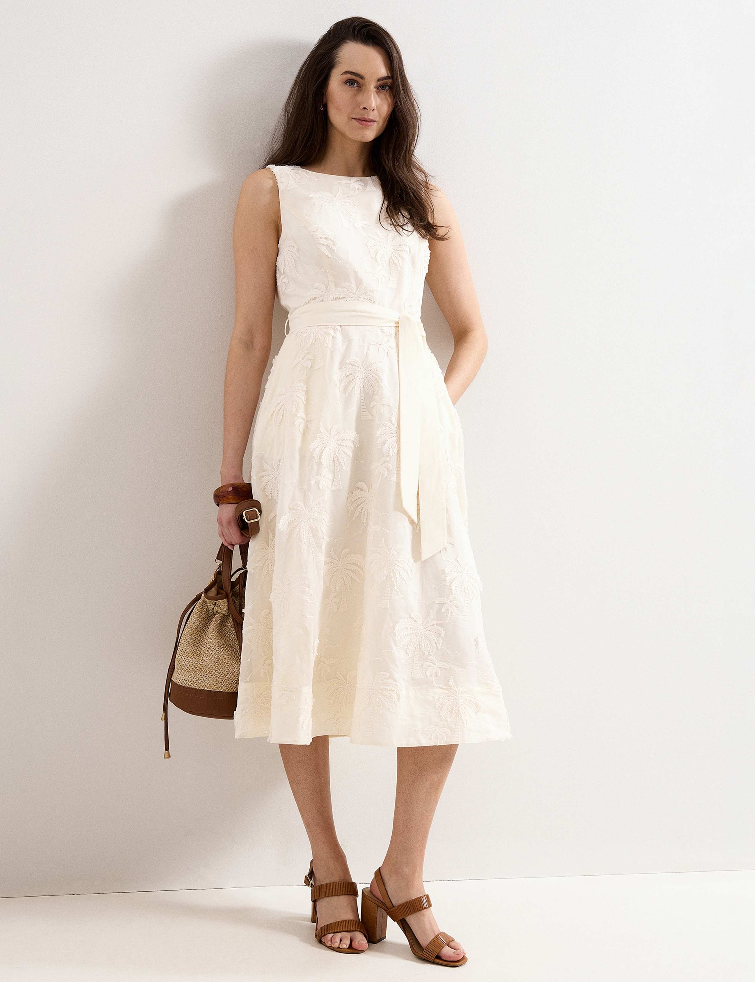 Embroidered Slash Neck Midi Waisted Dress 3 of 8