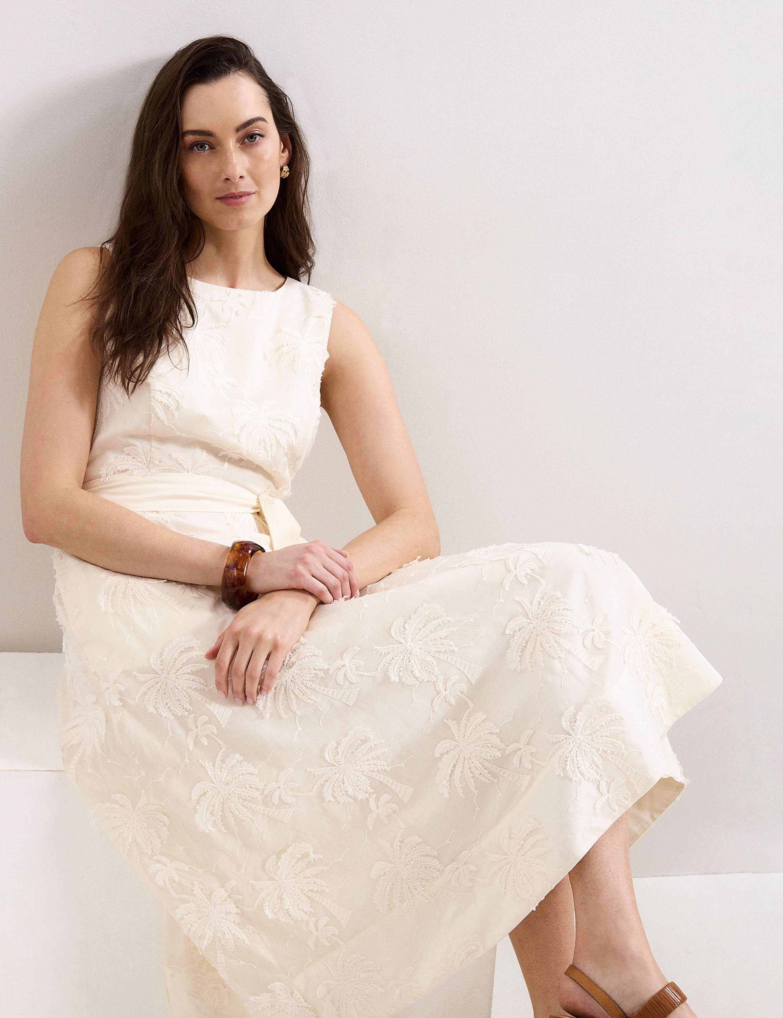 Embroidered Slash Neck Midi Waisted Dress 6 of 8