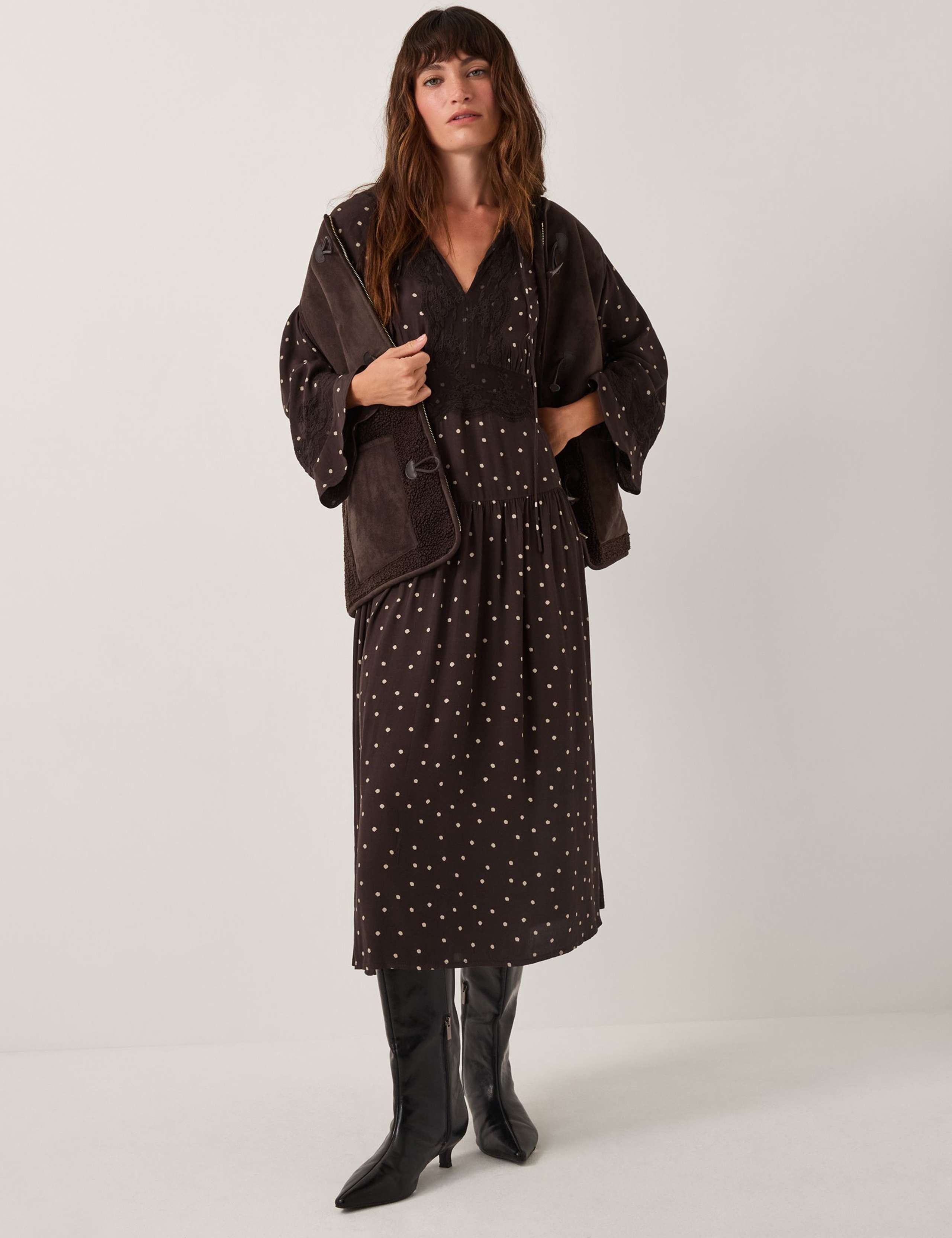 Polka Dot V-Neck Midi Waisted Dress 3 of 4