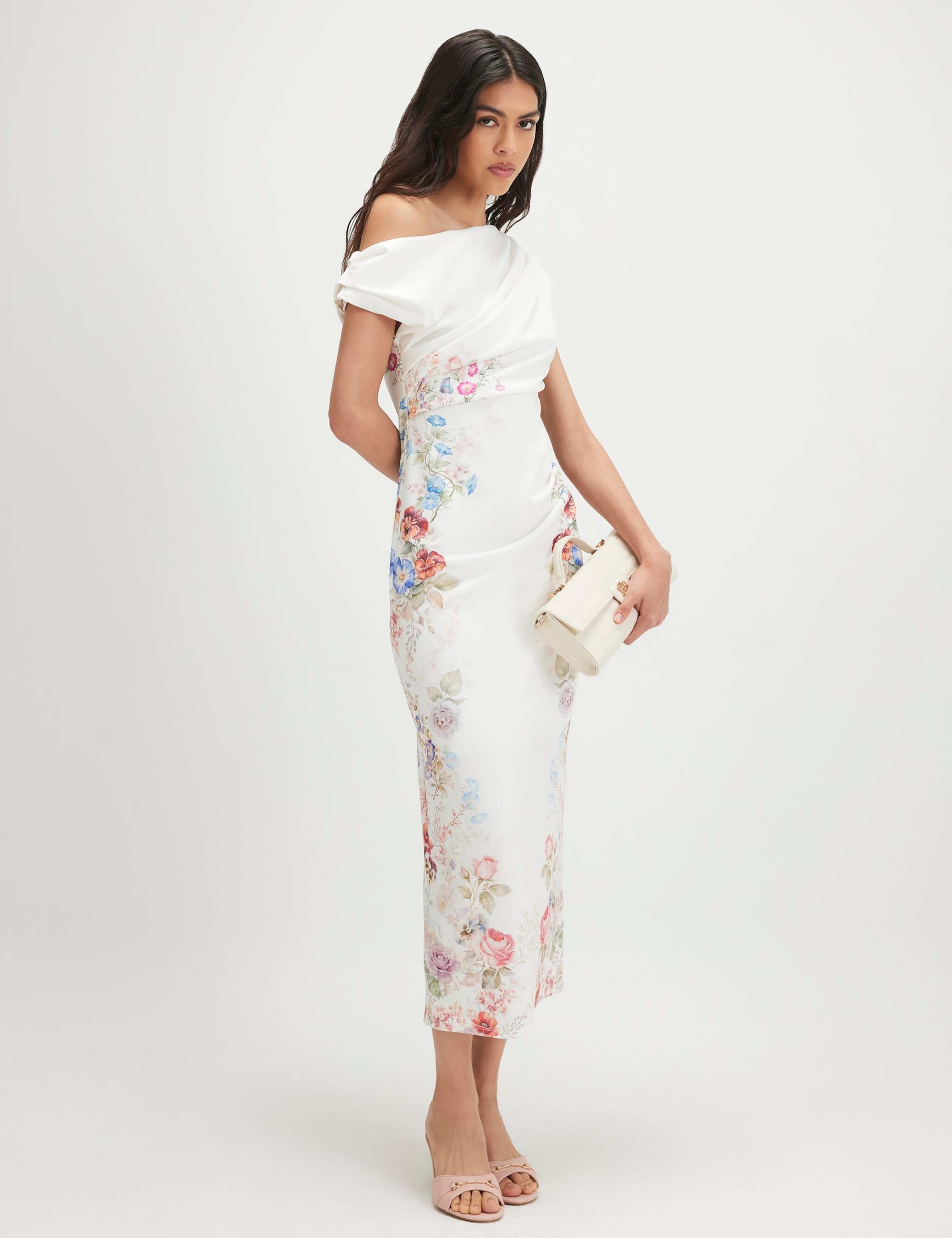 Floral One Shoulder Midi Bodycon Dress 1 of 4