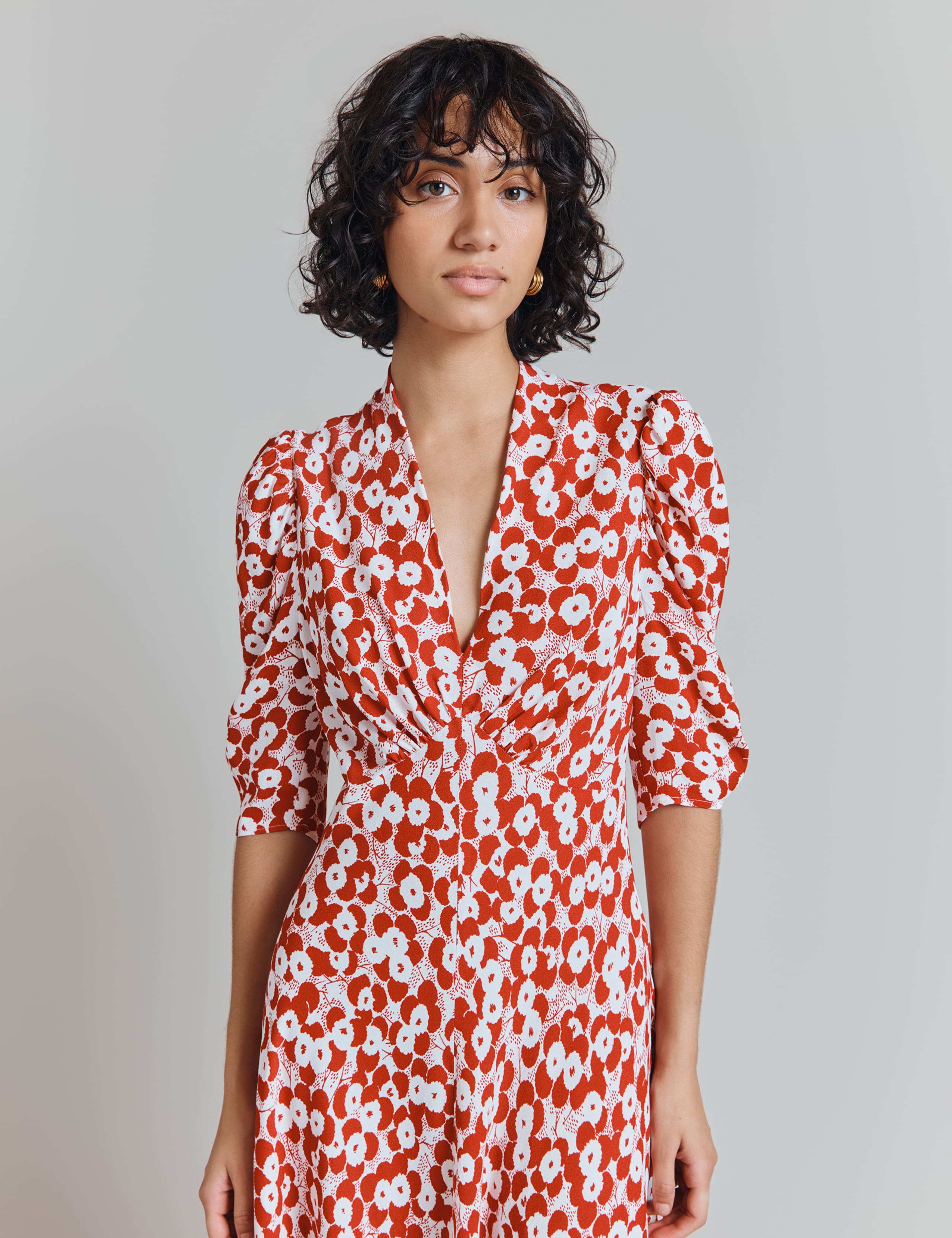 Crepe Polka Dot V-Neck Midi Tea Dress 3 of 5