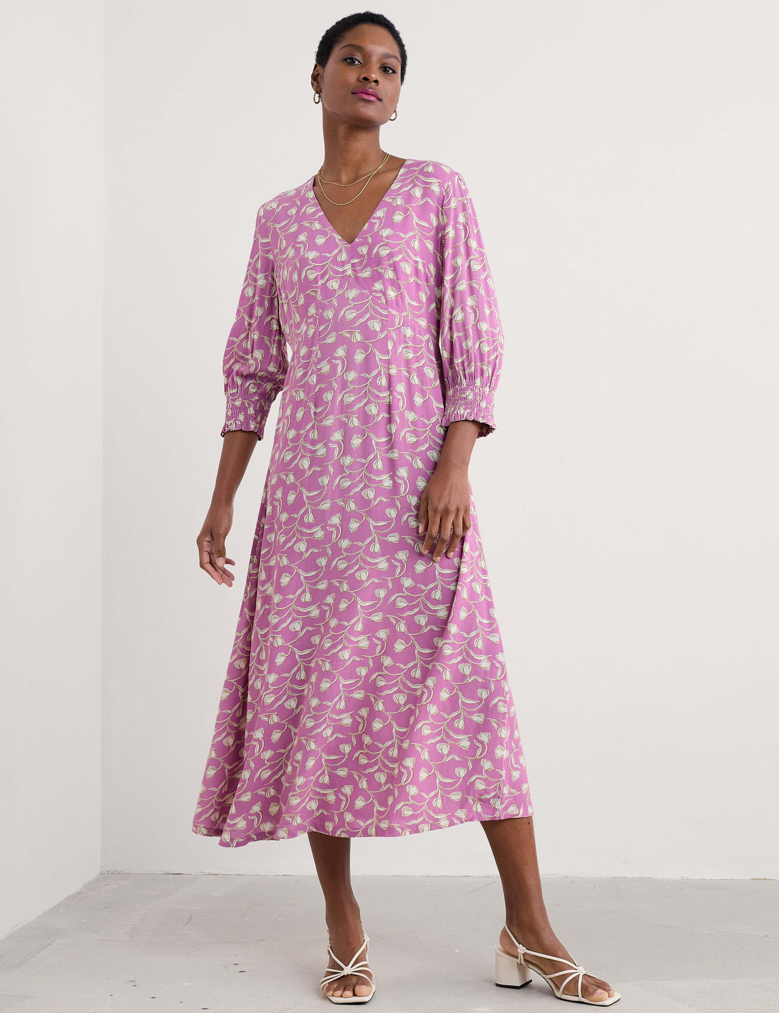 Floral V-Neck Blouson Sleeve Midaxi Waisted Dress 1 of 5