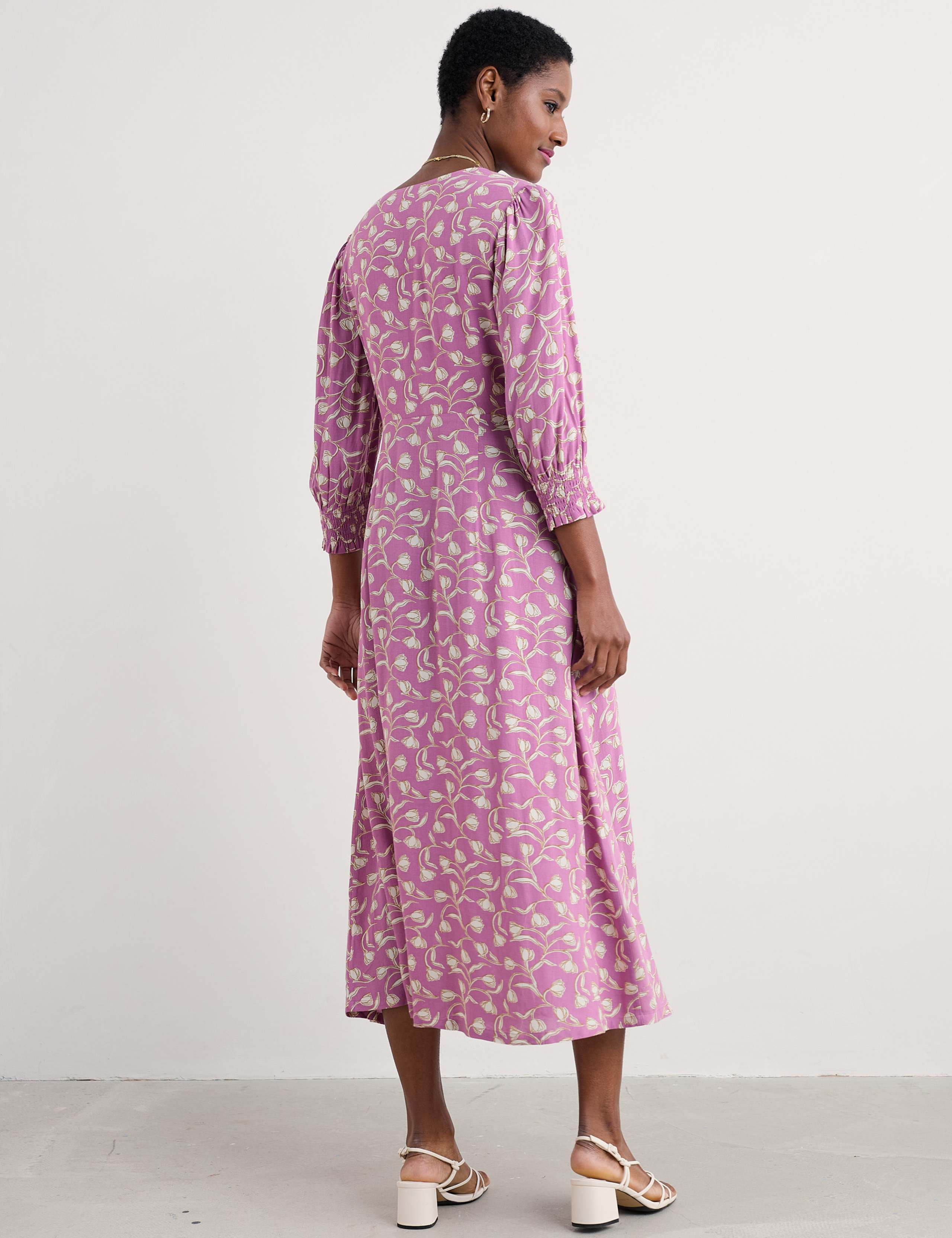 Floral V-Neck Blouson Sleeve Midaxi Waisted Dress 5 of 5