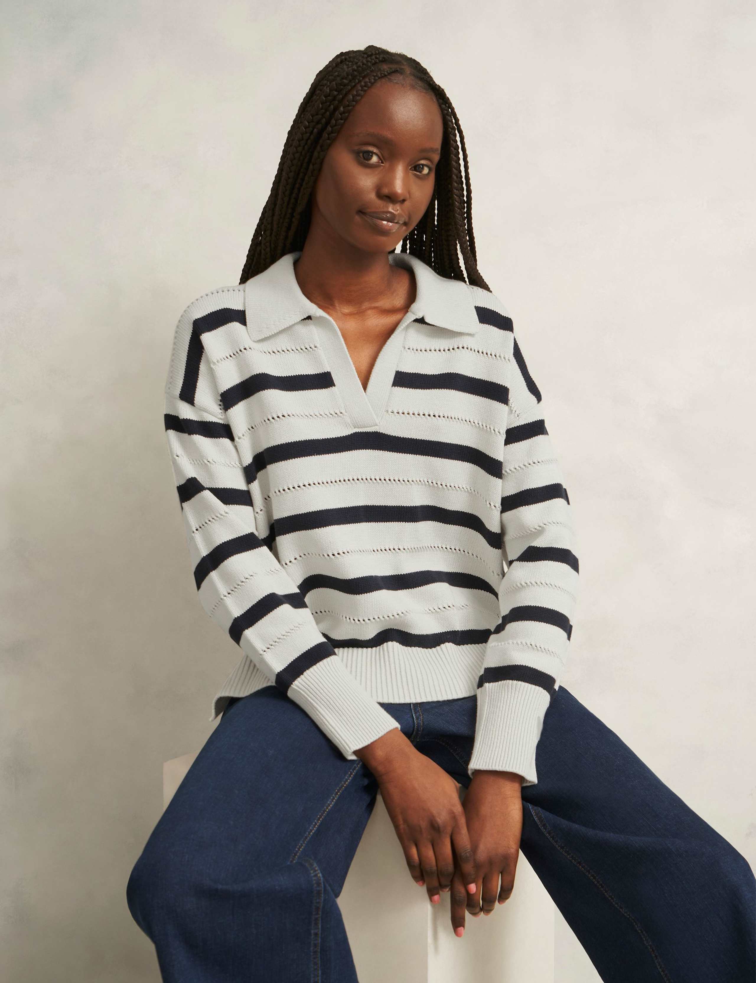 Pure Cotton Striped Collared Stitch Detail Jumper 5 of 6