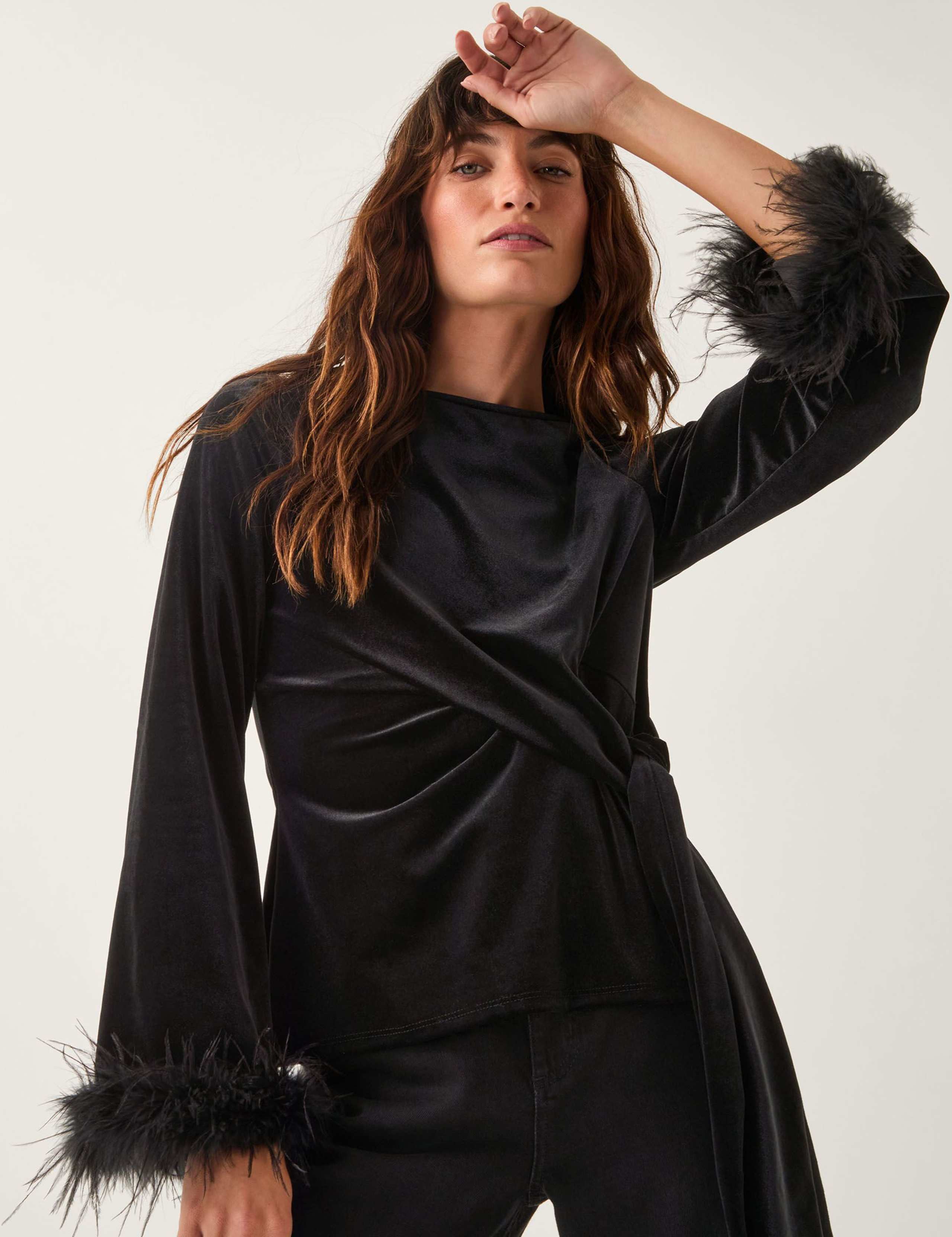 Velvet Slash Neck Feather Detail Top 3 of 5
