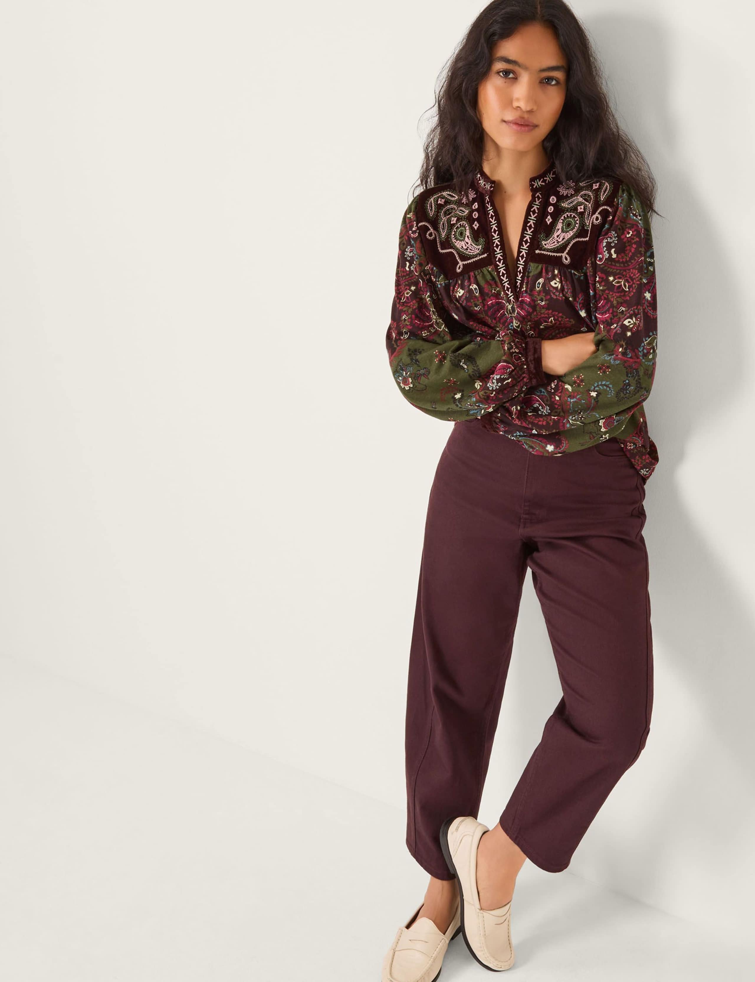 Cotton Rich Jersey Paisley Notch V-Neck Top 3 of 5