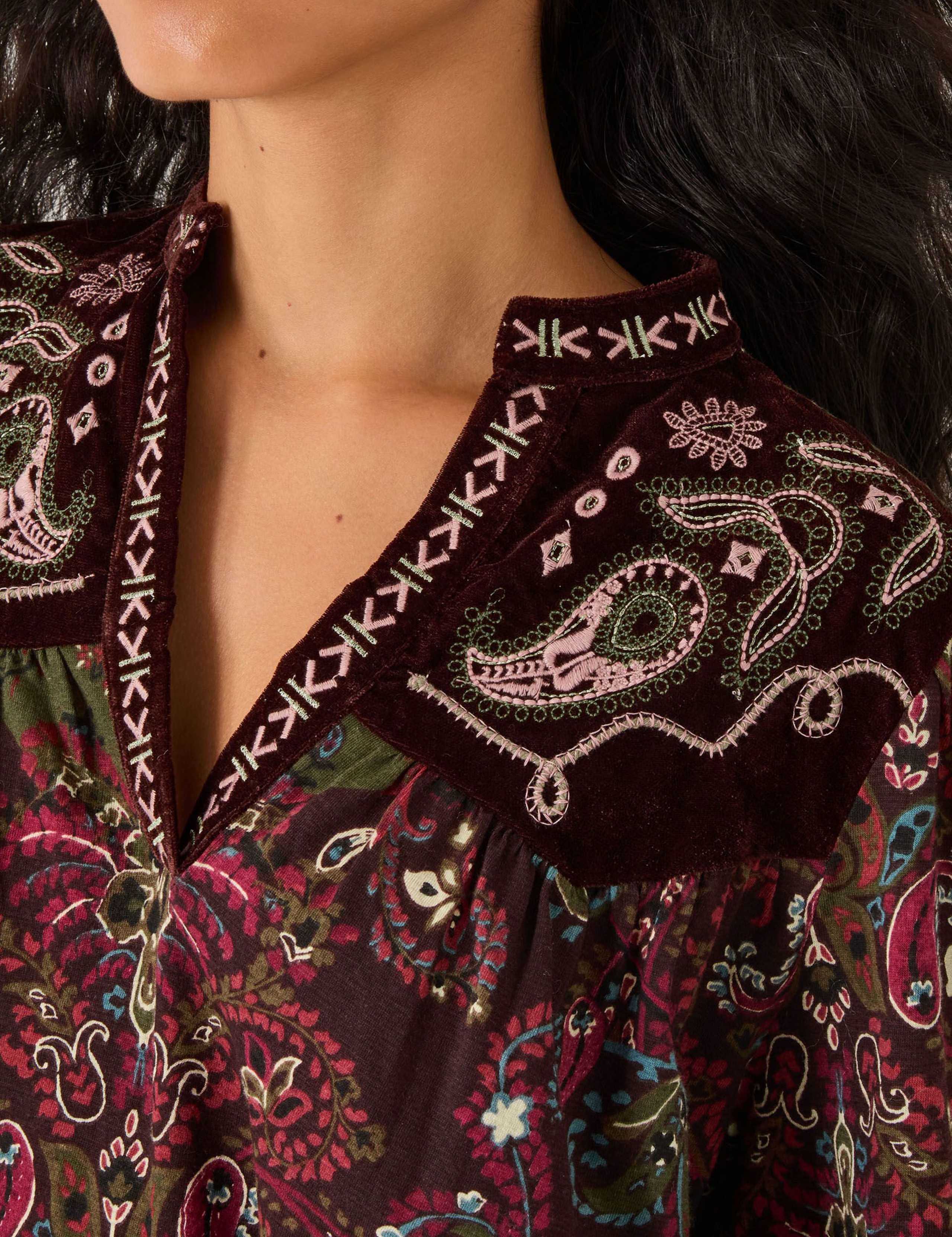 Cotton Rich Jersey Paisley Notch V-Neck Top 4 of 5