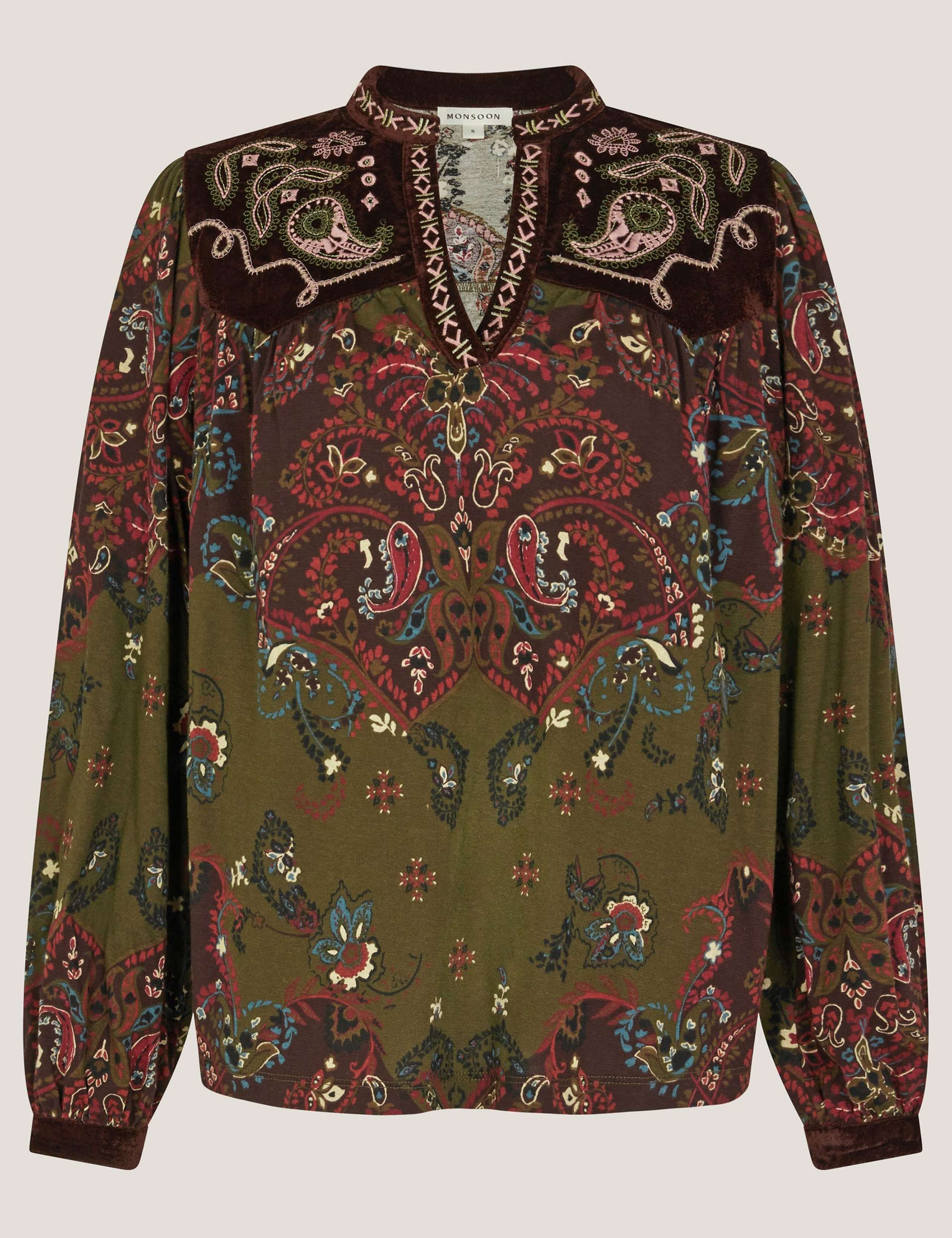 Cotton Rich Jersey Paisley Notch V-Neck Top 2 of 5