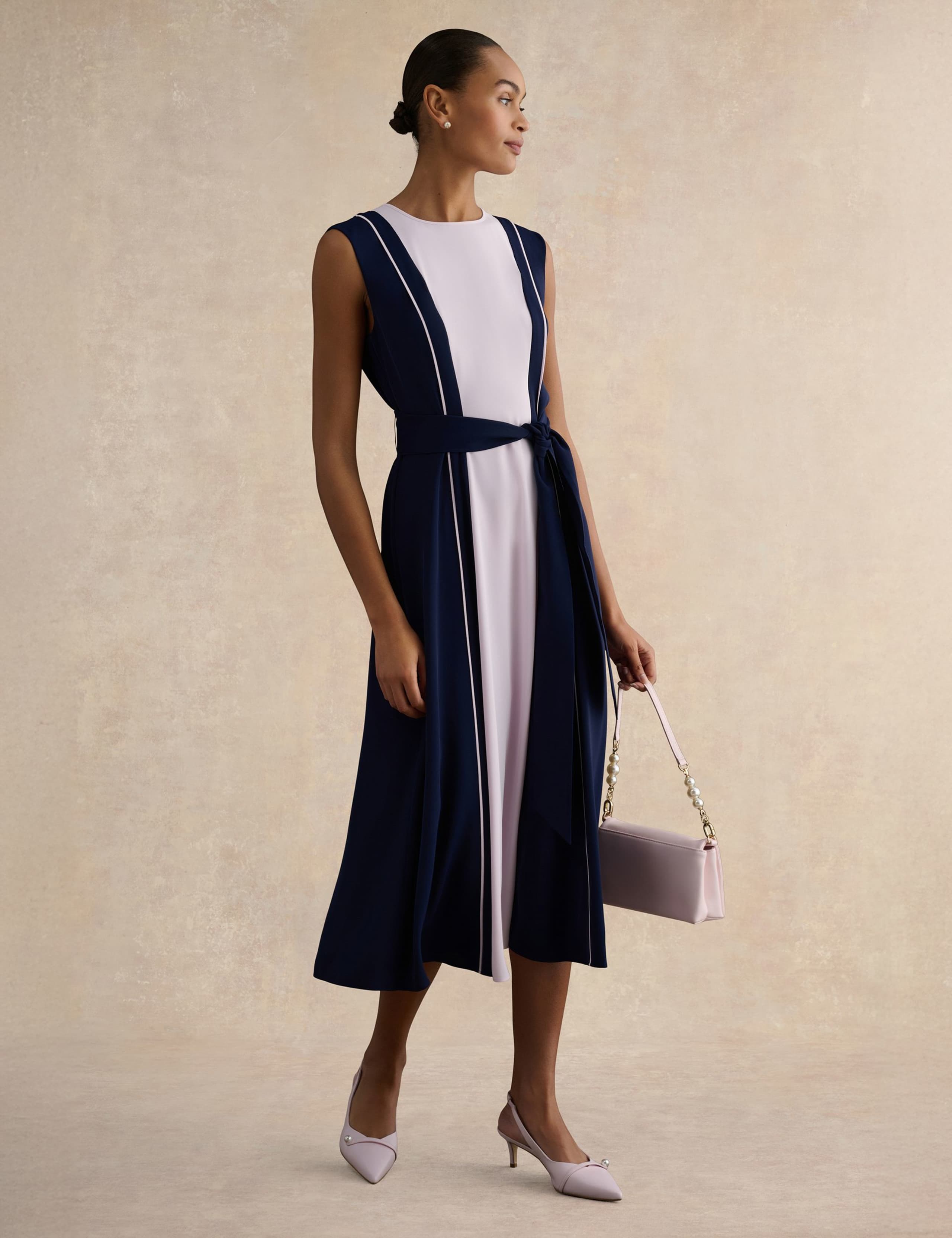 Colour Block Belted Midi Skater Dress 1 of 5